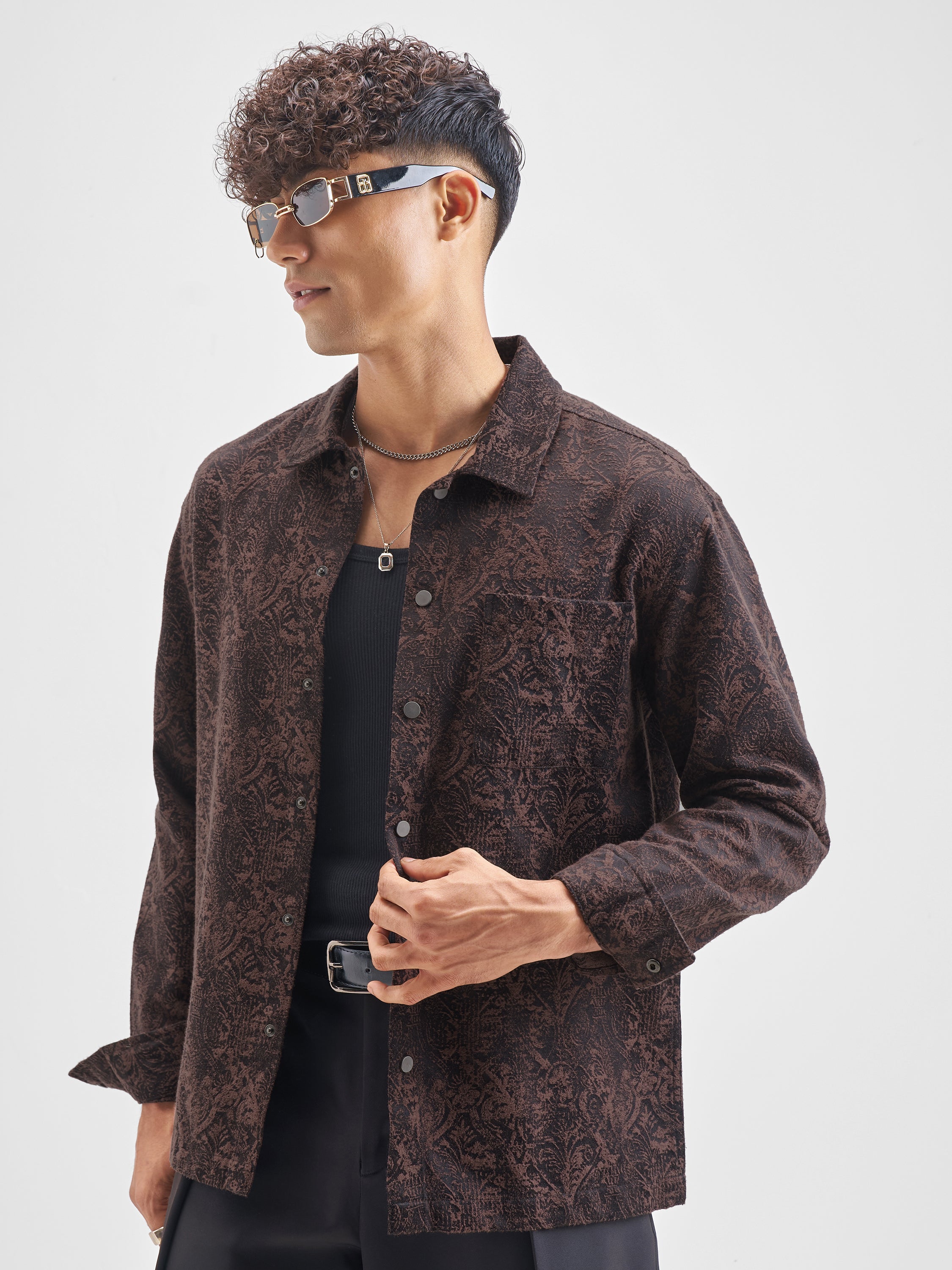Highlander Men Brown Self Design Relaxed Fit Casual Shirt - Brown - Image 4