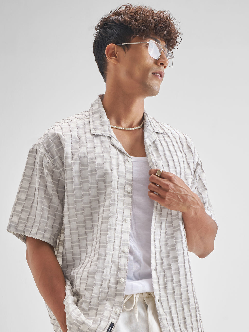 Highlander Men Grey Self Design Oversized Fit Casual Shirt - Grey - Image 1
