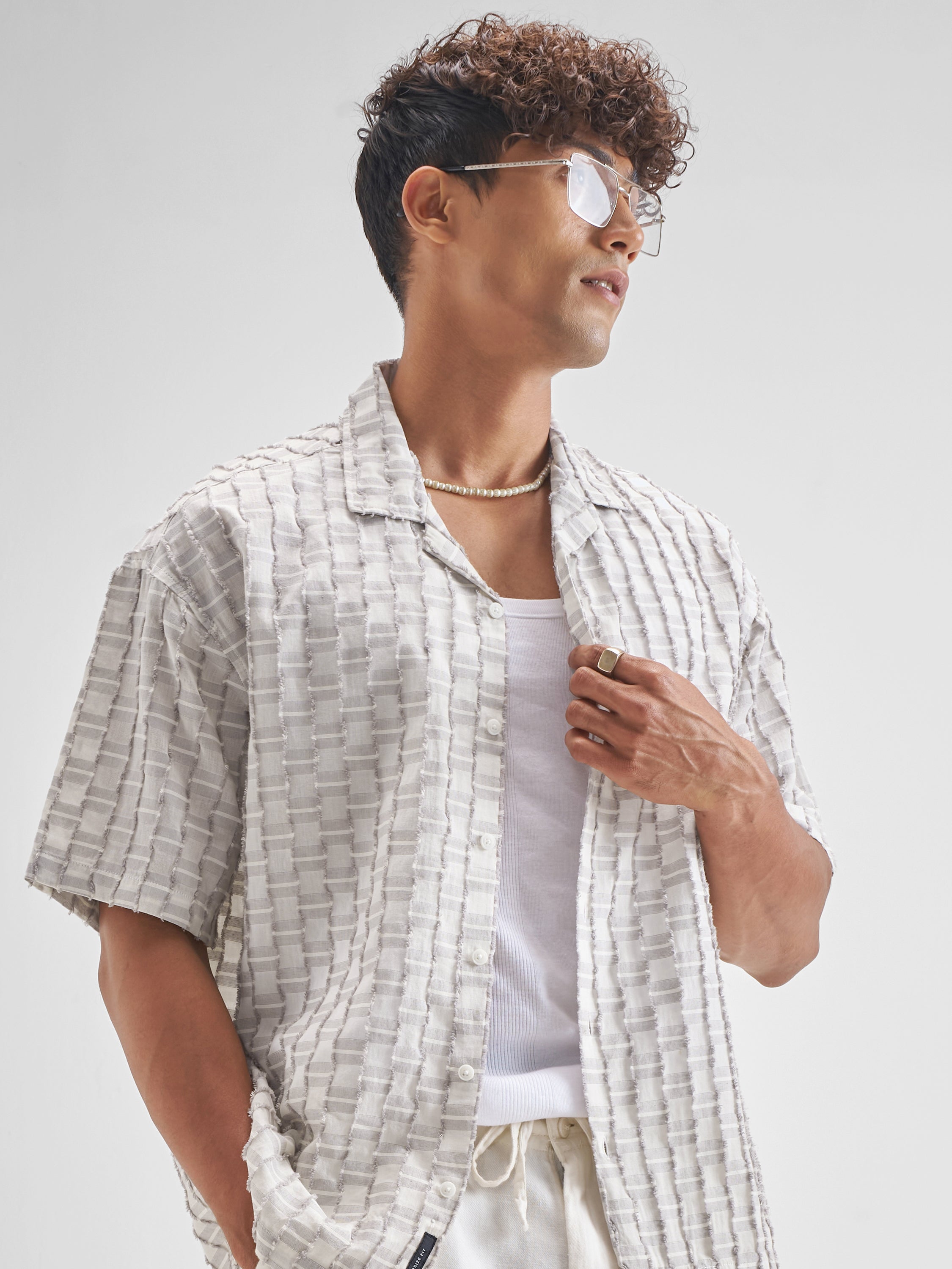 Highlander Men Grey Self Design Oversized Fit Casual Shirt - Grey - Image 1