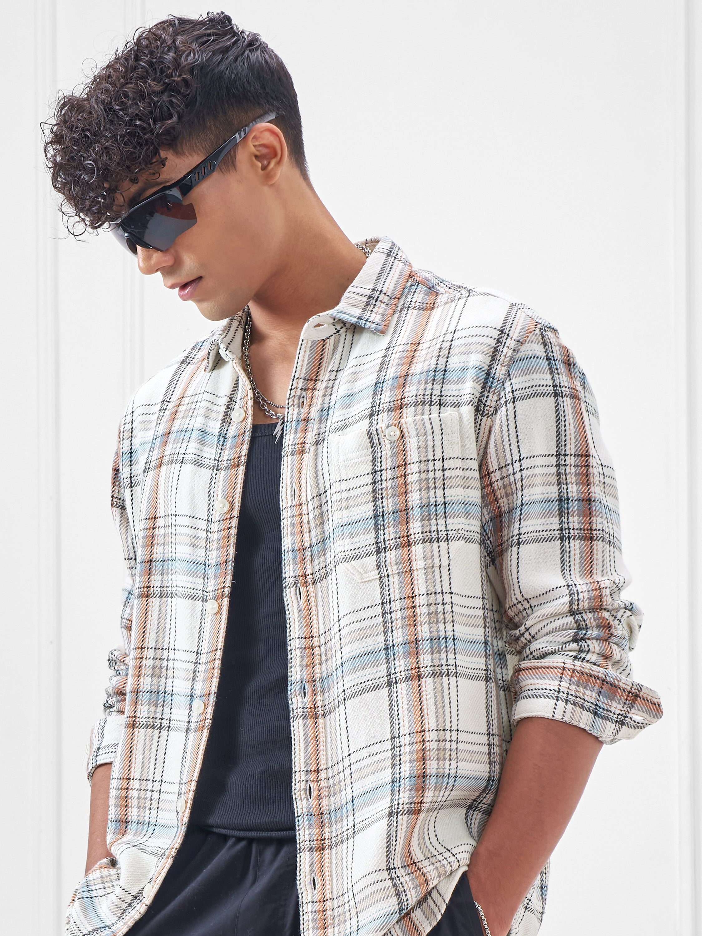 Highlander Men Cream Checked Relaxed Fit Casual Shirt - Cream - Image 1