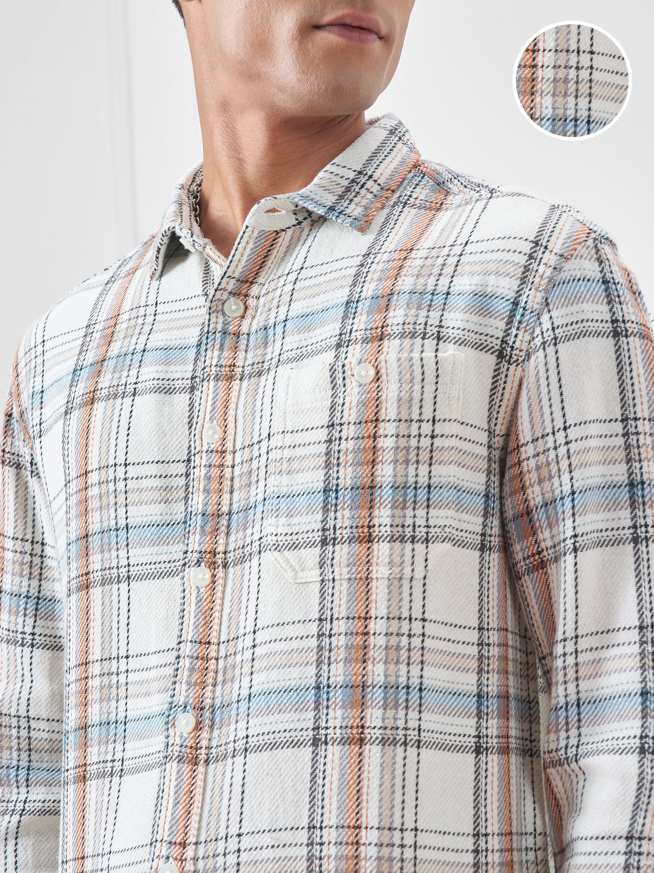Highlander Men Cream Checked Relaxed Fit Casual Shirt - Cream - Image 5
