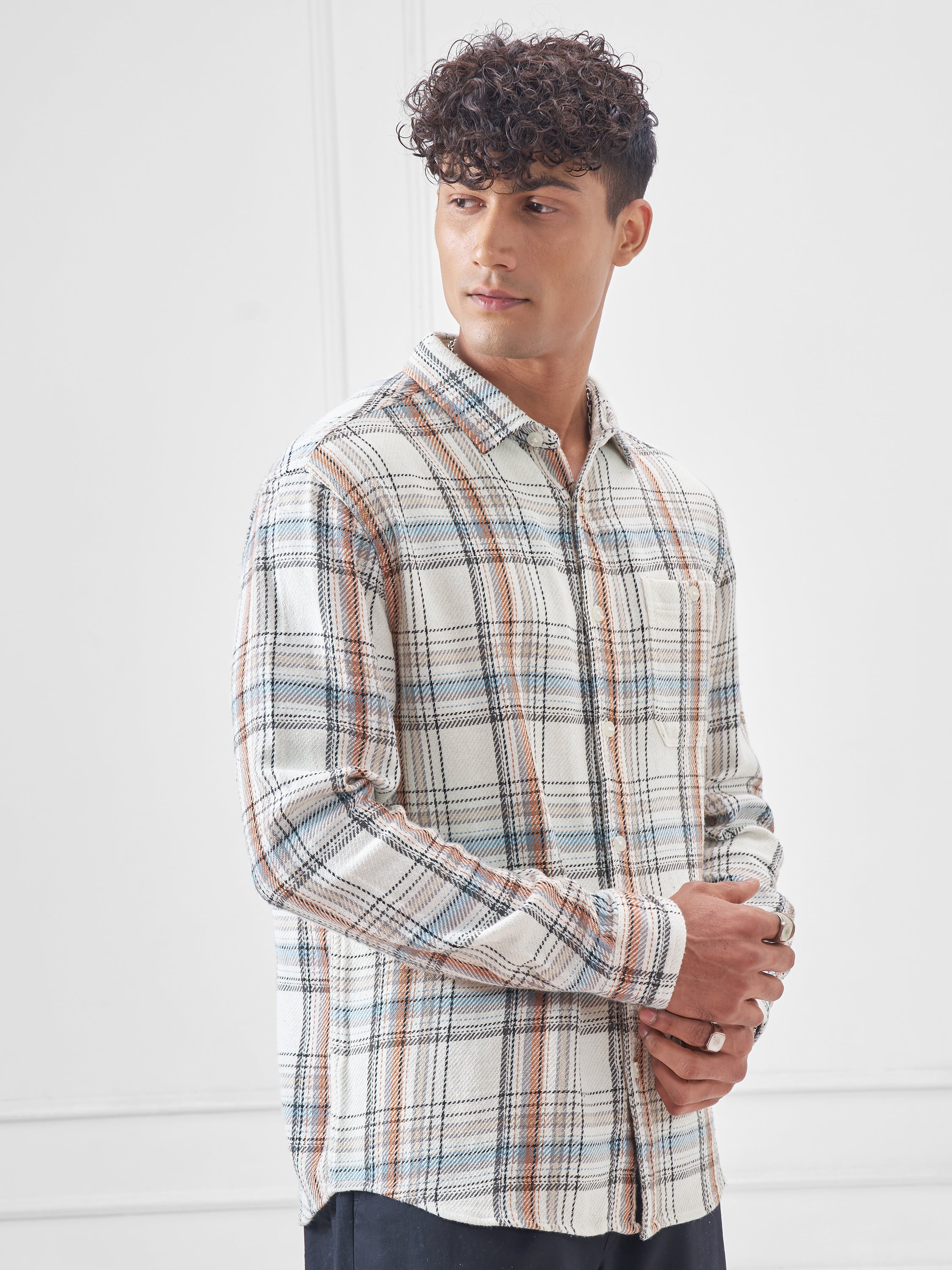 Highlander Men Cream Checked Relaxed Fit Casual Shirt - Cream - Image 6