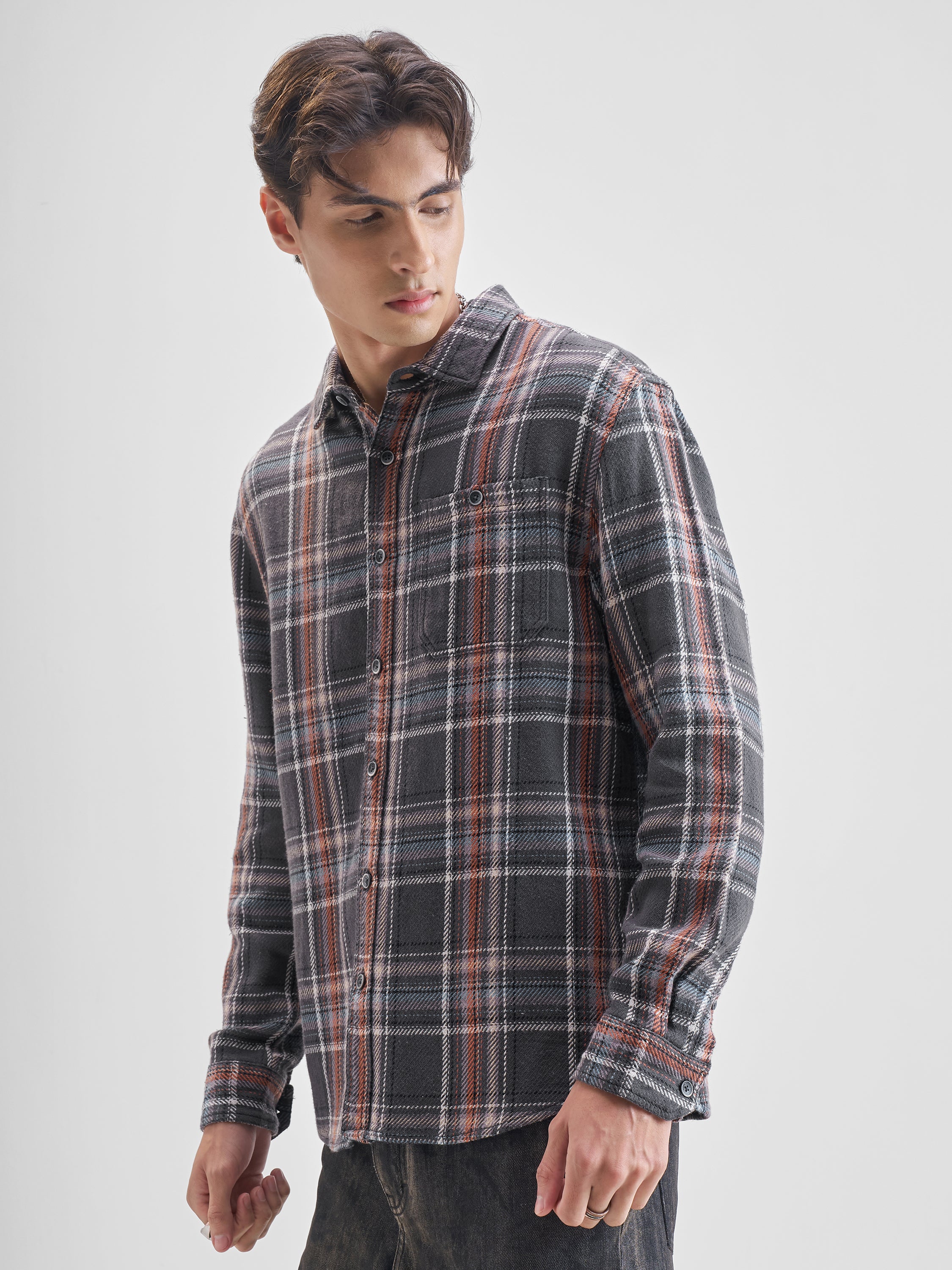 Highlander Men Grey Checked Relaxed Fit Casual Shirt - Grey - Image 4