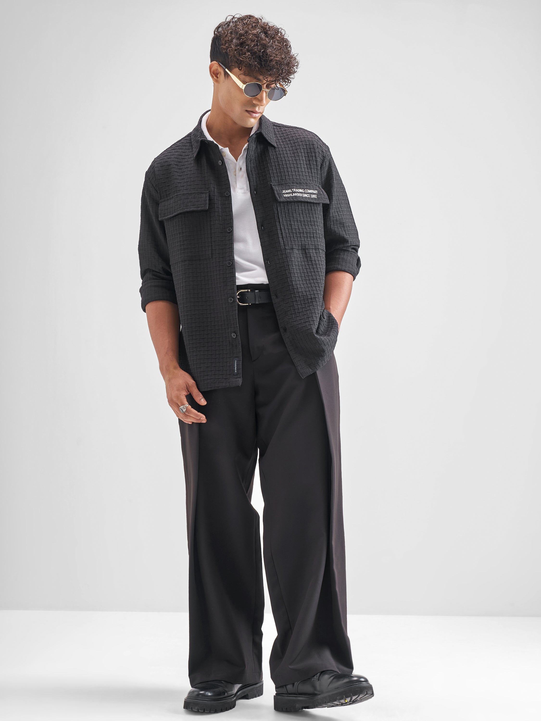 Highlander Men Black Self Design Oversized Fit Casual Shirt - Black - Image 2