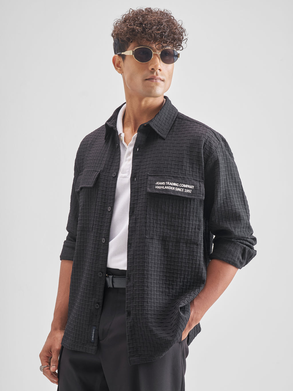 Highlander Men Black Self Design Oversized Fit Casual Shirt - Black - Image 4