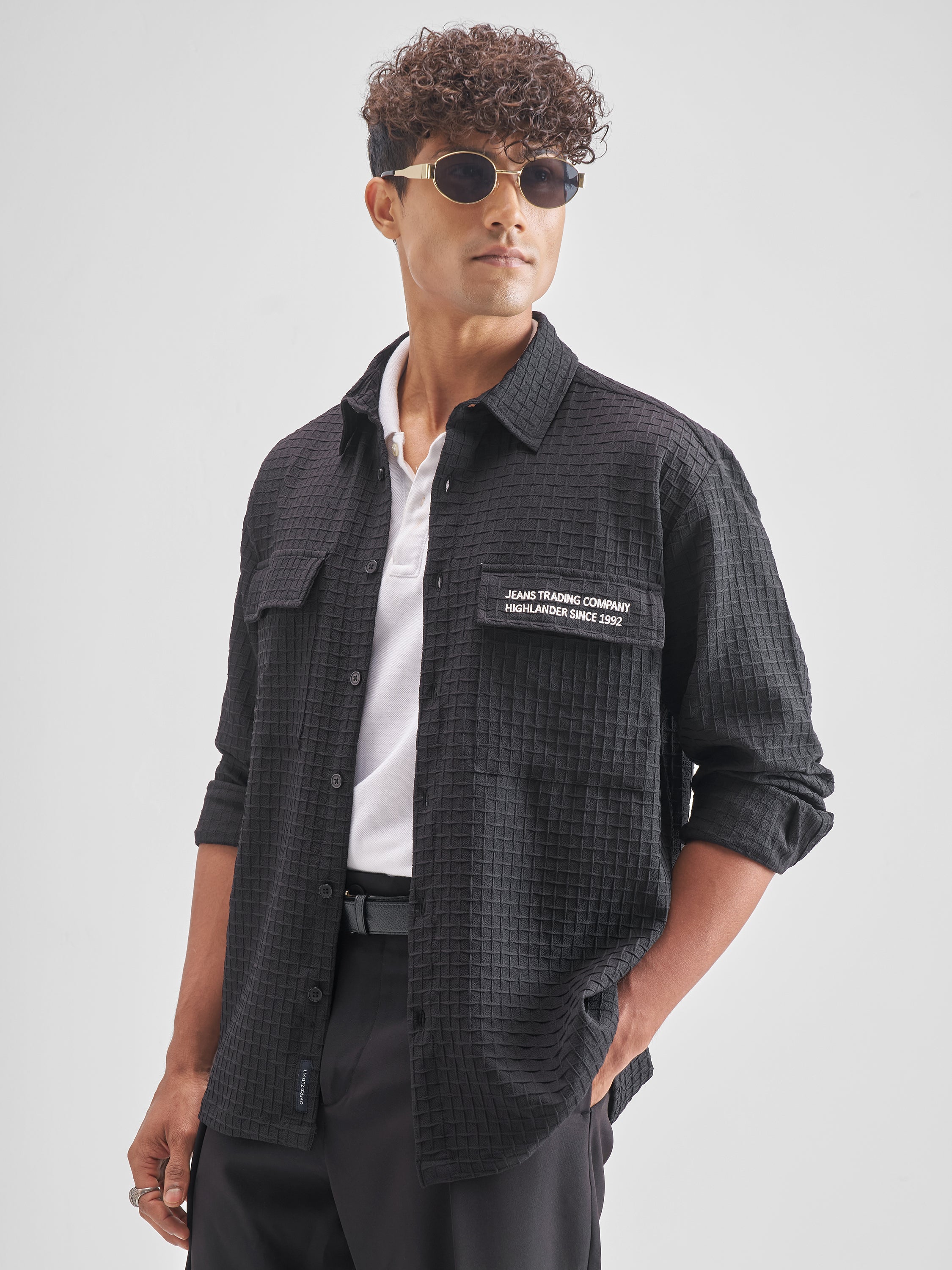 Highlander Men Black Self Design Oversized Fit Casual Shirt - Black - Image 4