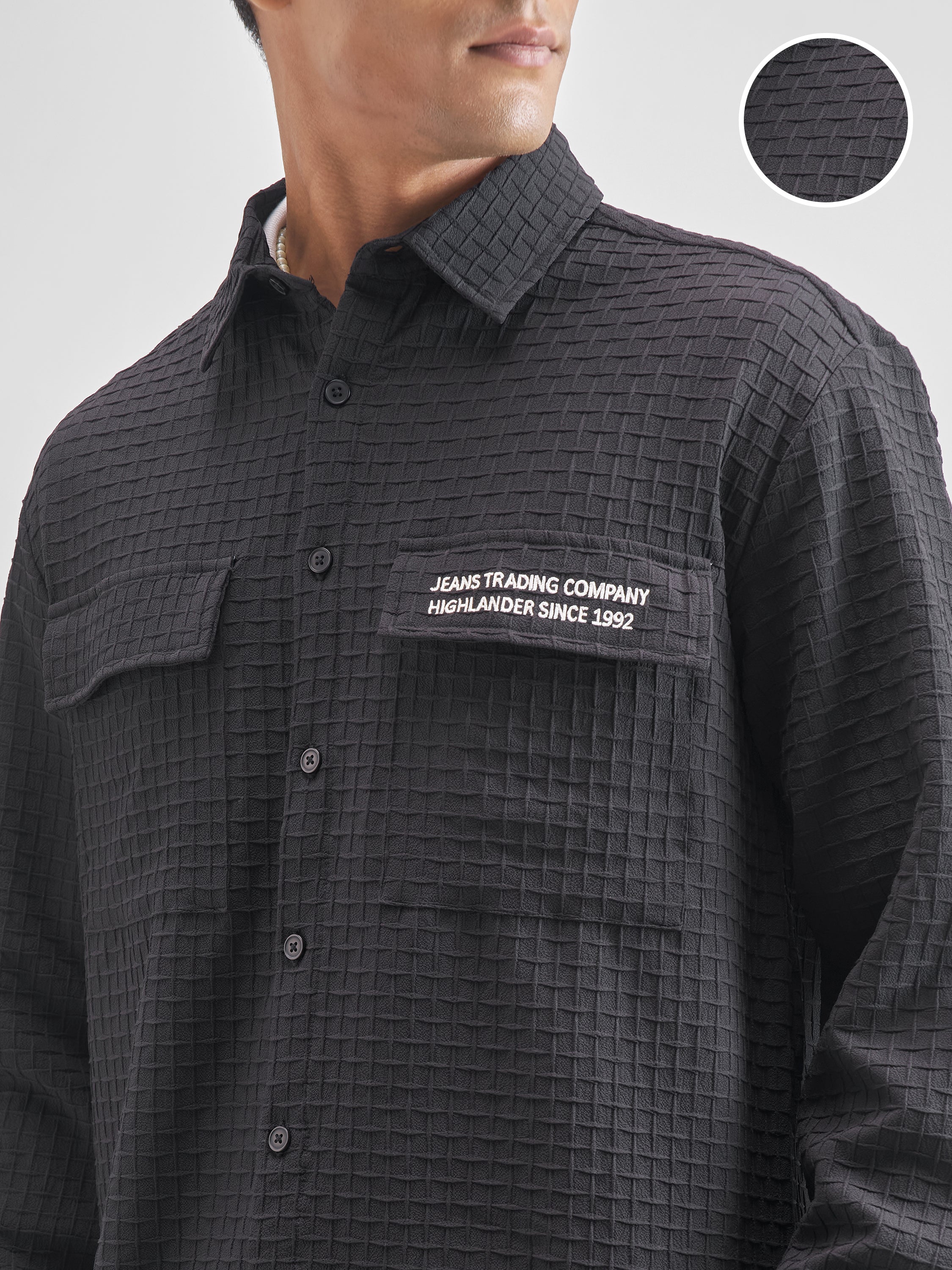 Highlander Men Black Self Design Oversized Fit Casual Shirt - Black - Image 5