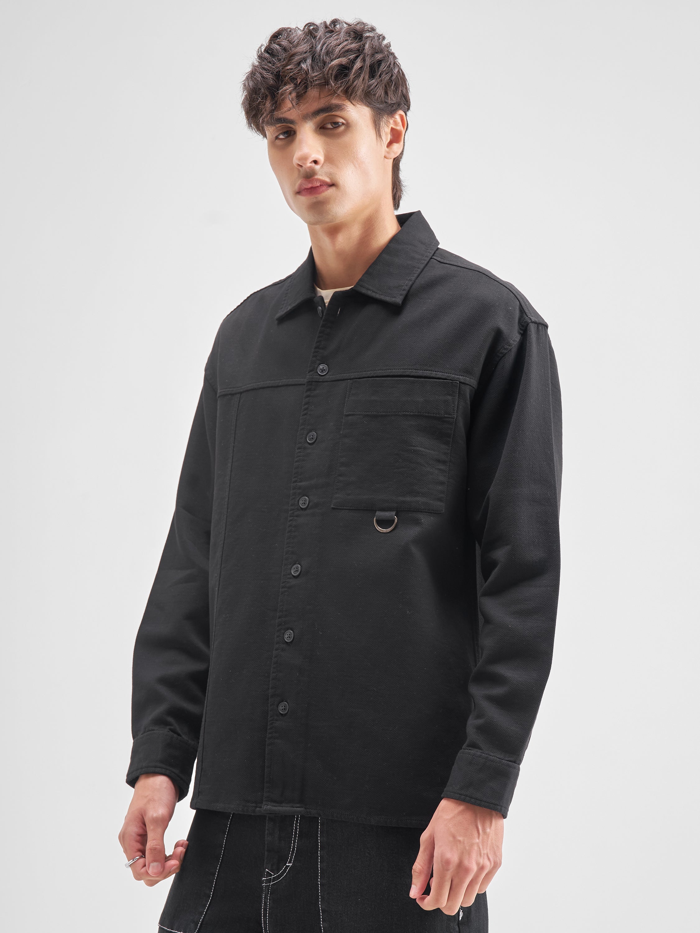 Highlander Men Black Self Design Oversized Fit Casual Shirt - Black - Image 4