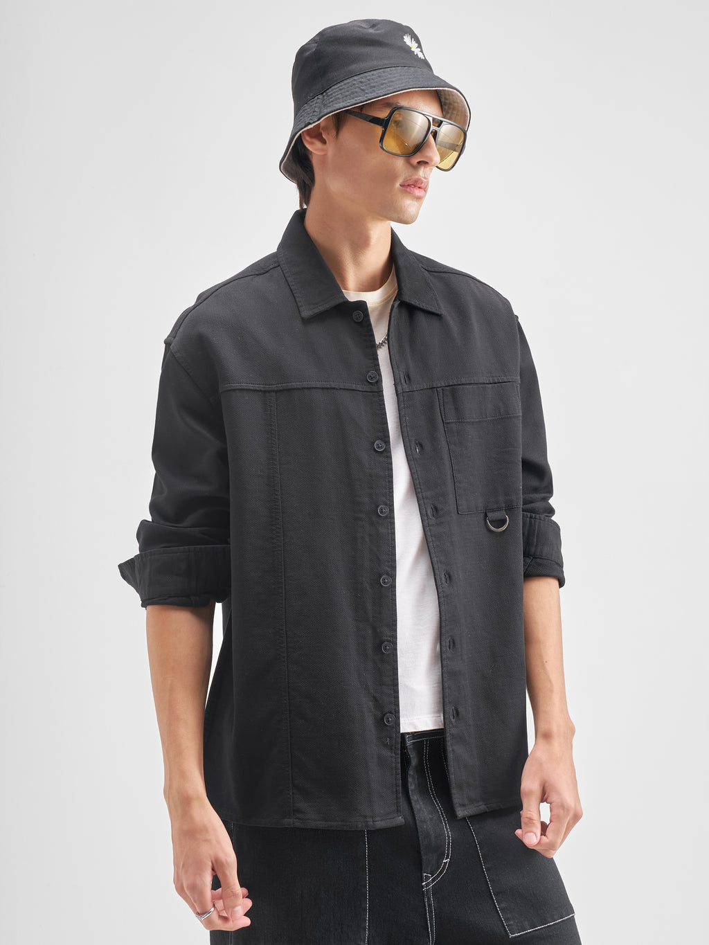 Highlander Men Black Self Design Oversized Fit Casual Shirt - Black - Image 6