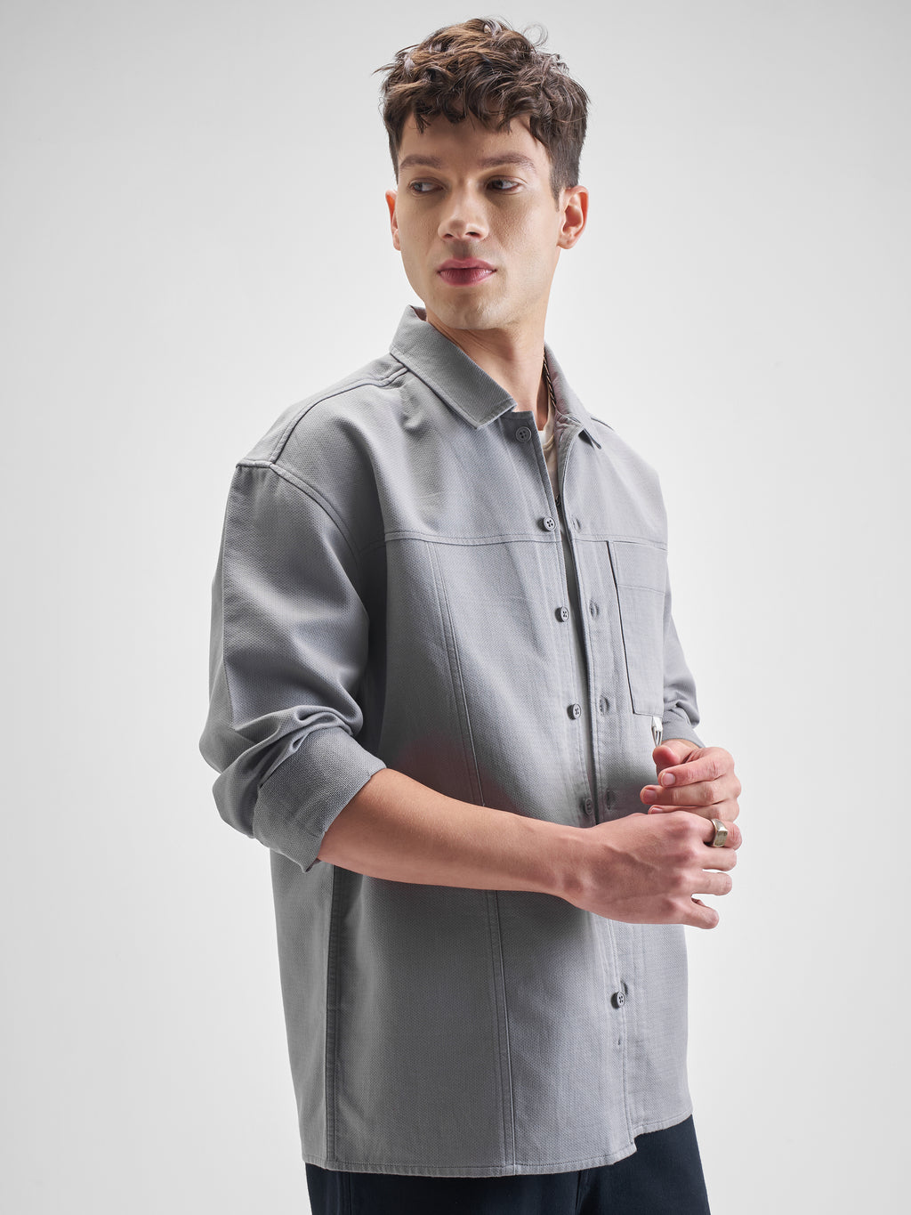 Highlander Men Grey Solid Oversized Fit Casual Shirt - Grey - Image 6