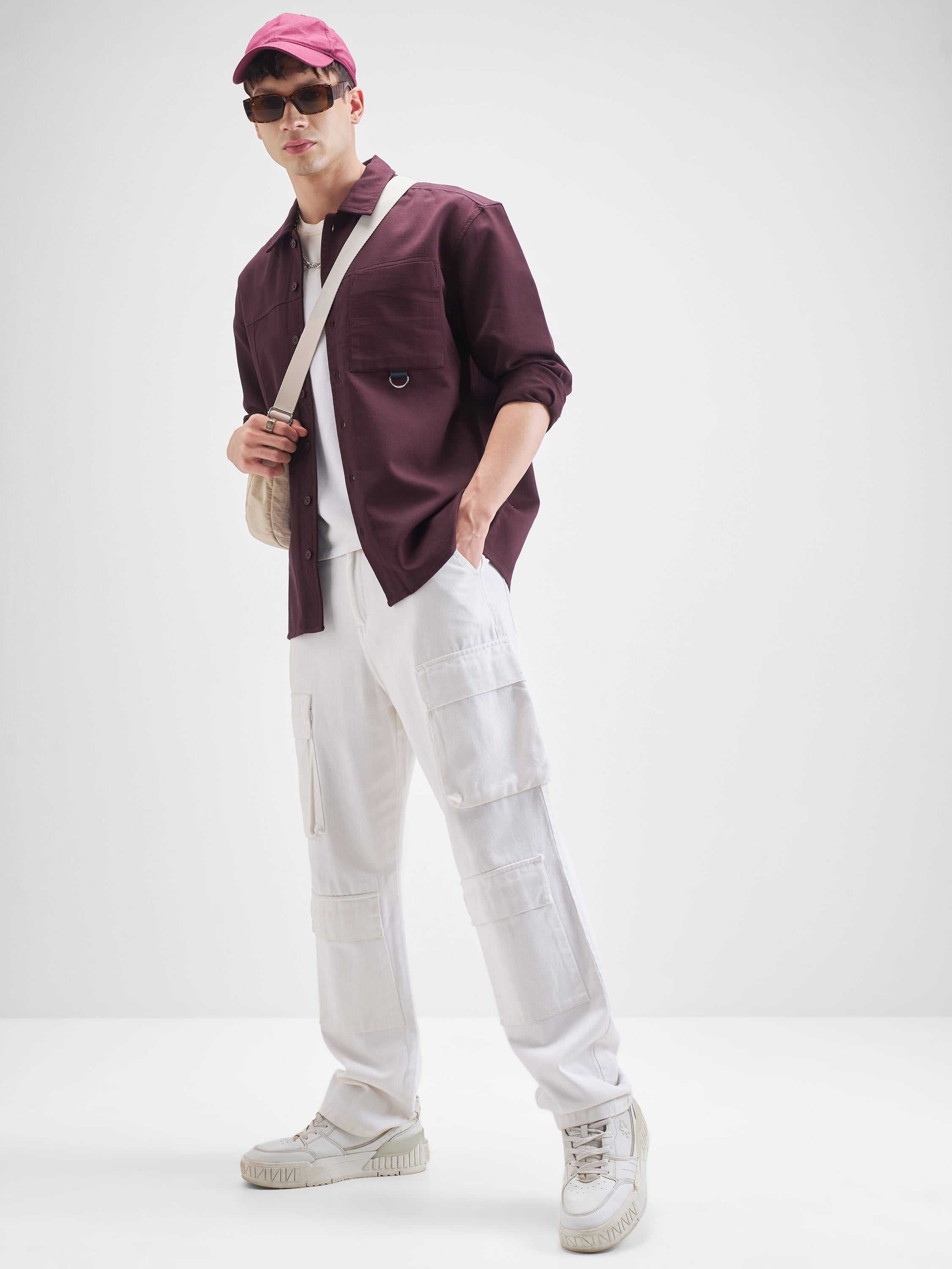 Highlander Men Burgundy Solid Oversized Fit Casual Shirt - Burgundy - Image 2