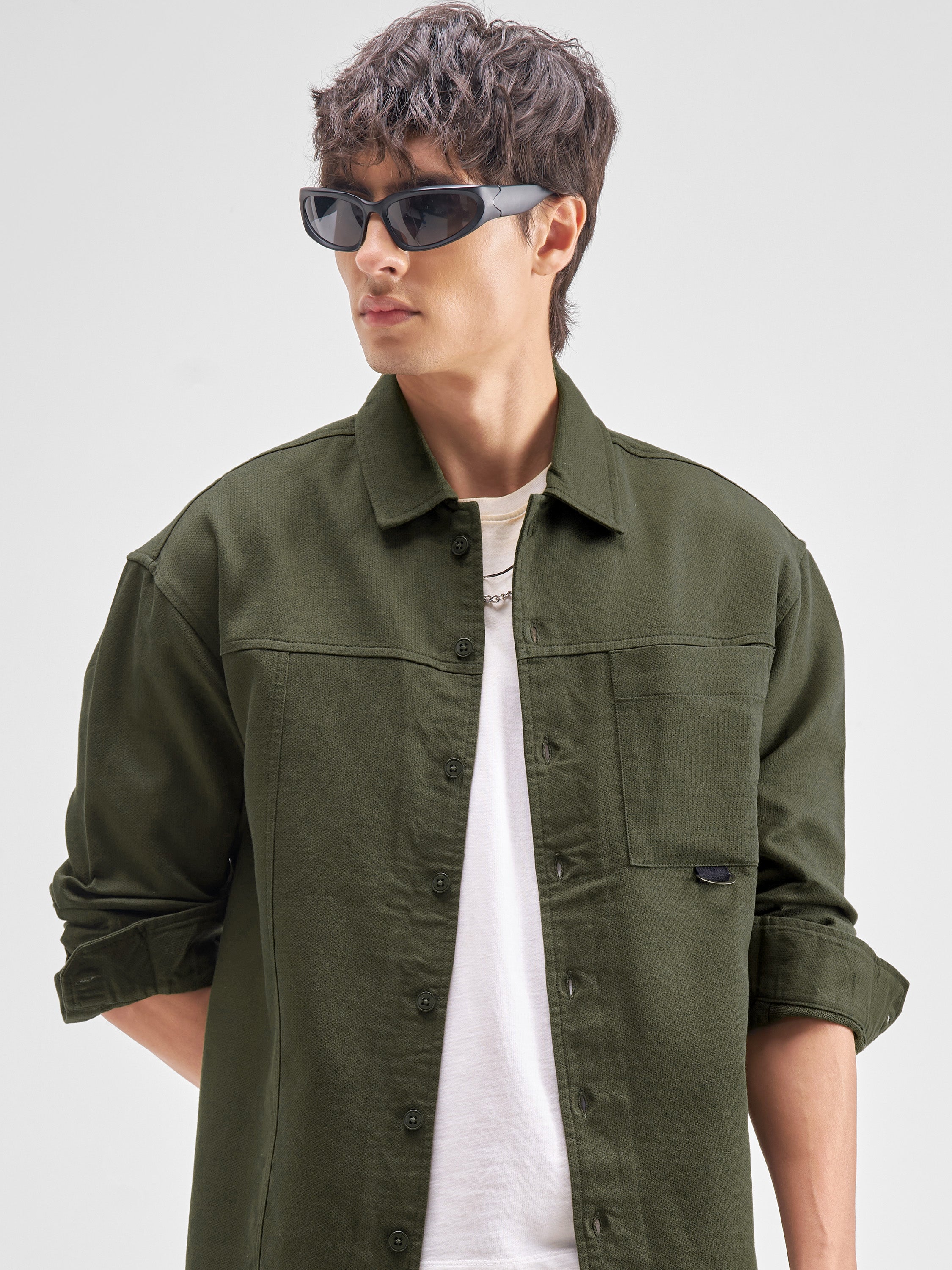 Highlander Men Olive Self Design Oversized Fit Casual Shirt - Olive - Image 1
