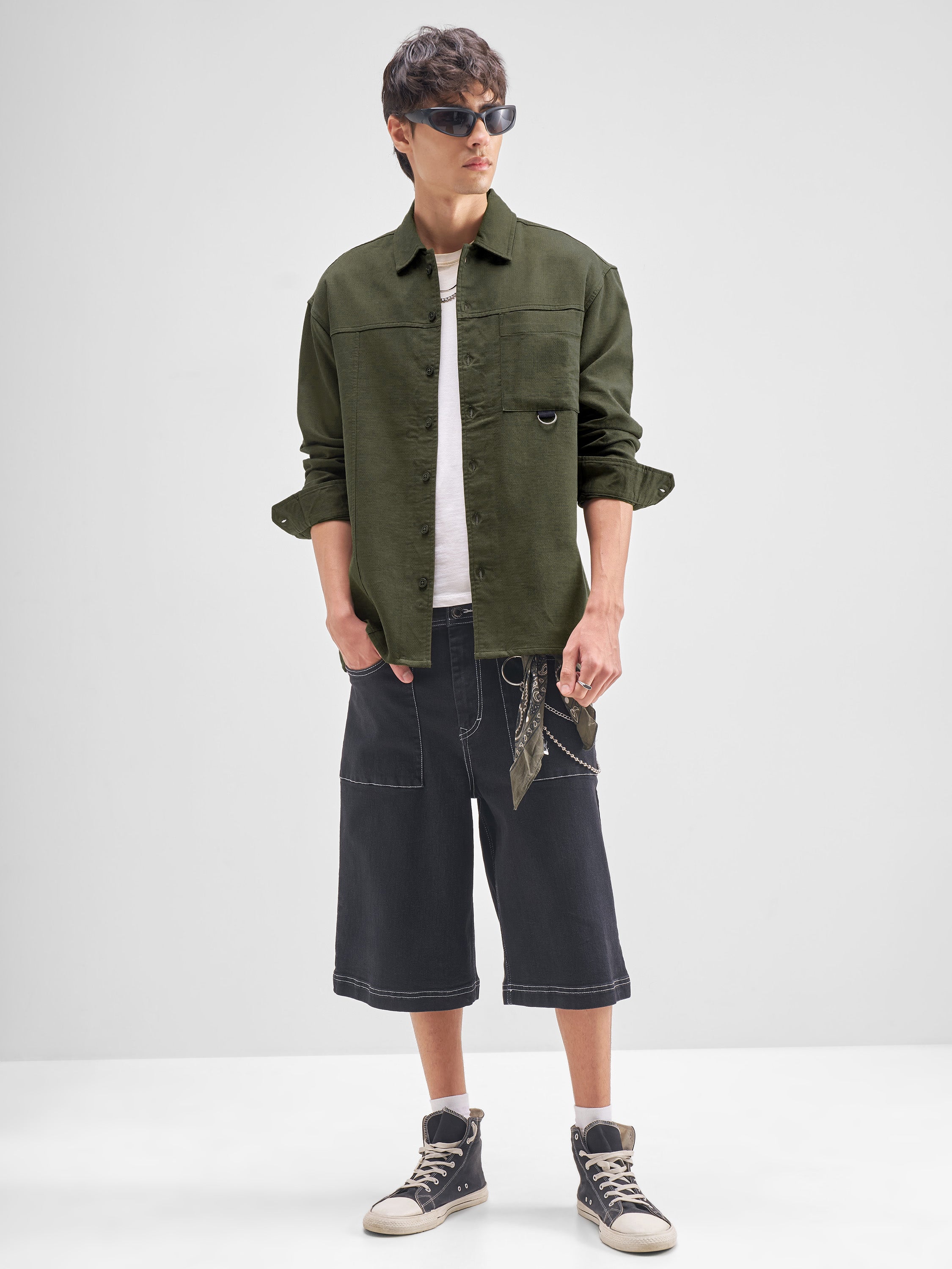 Highlander Men Olive Self Design Oversized Fit Casual Shirt - Olive - Image 2