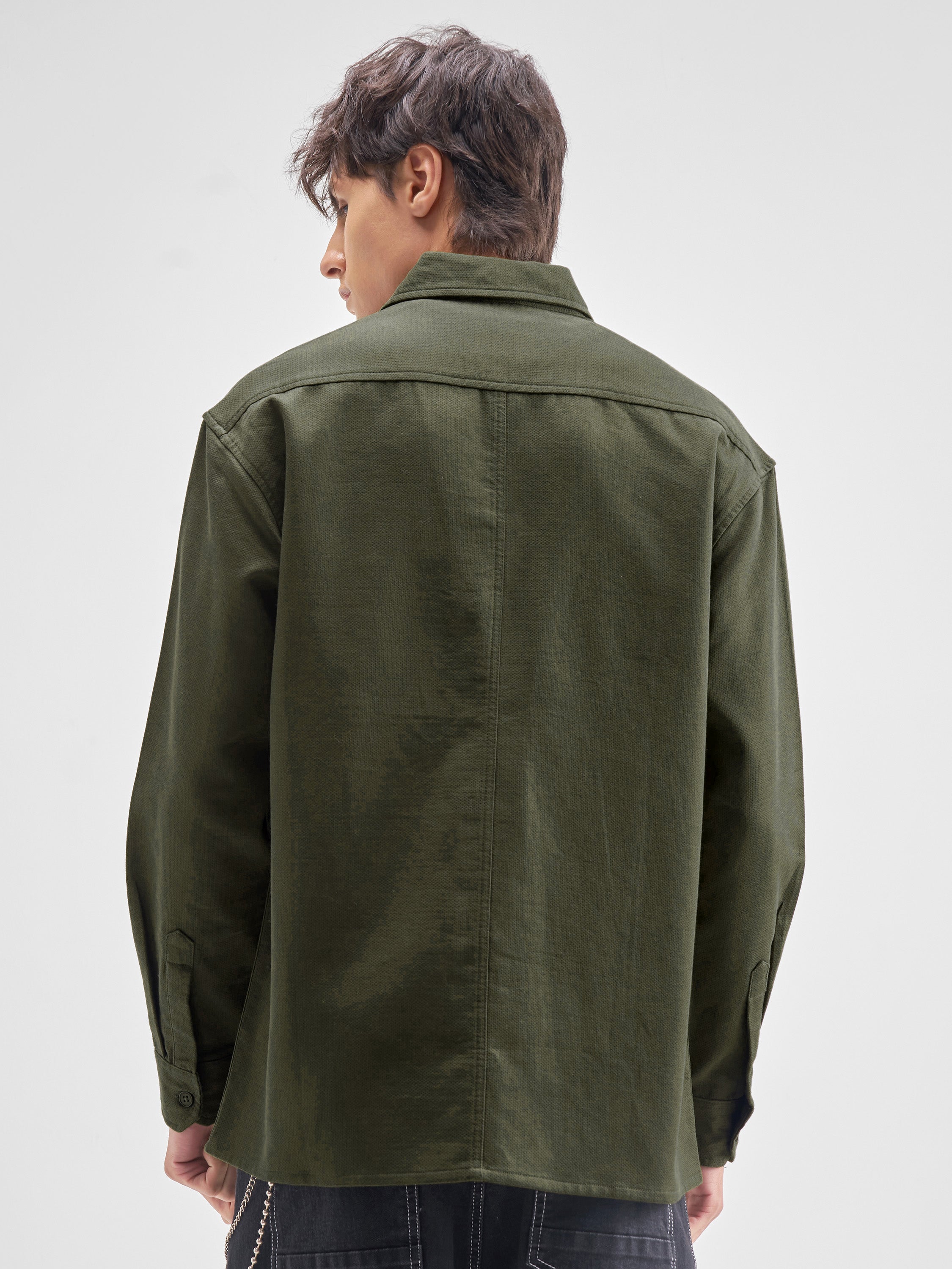 Highlander Men Olive Self Design Oversized Fit Casual Shirt - Olive - Image 3