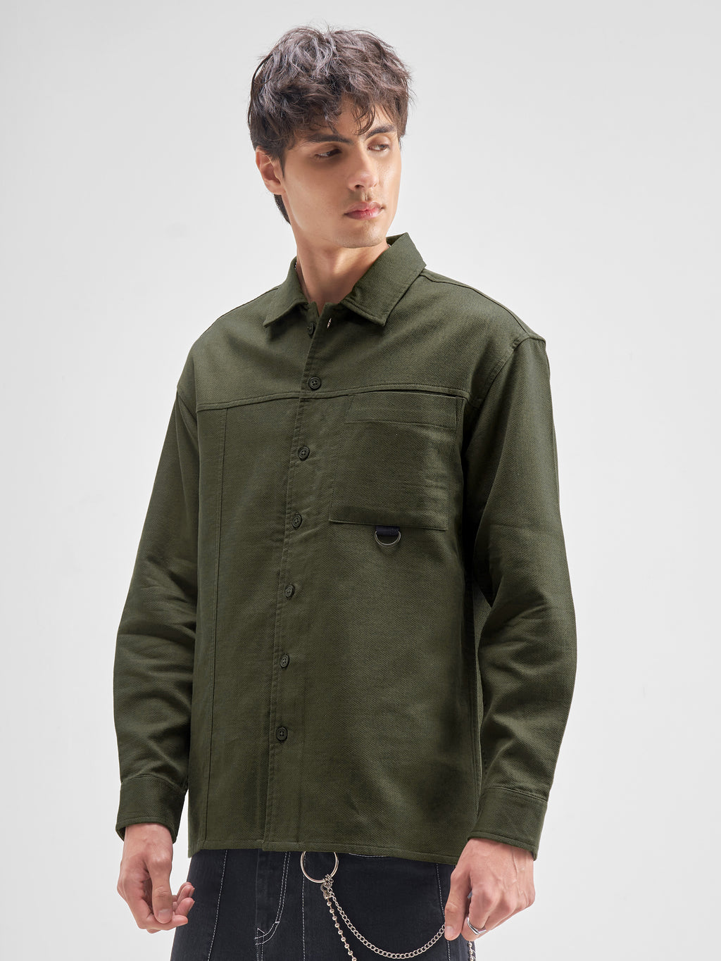 Highlander Men Olive Self Design Oversized Fit Casual Shirt - Olive - Image 4