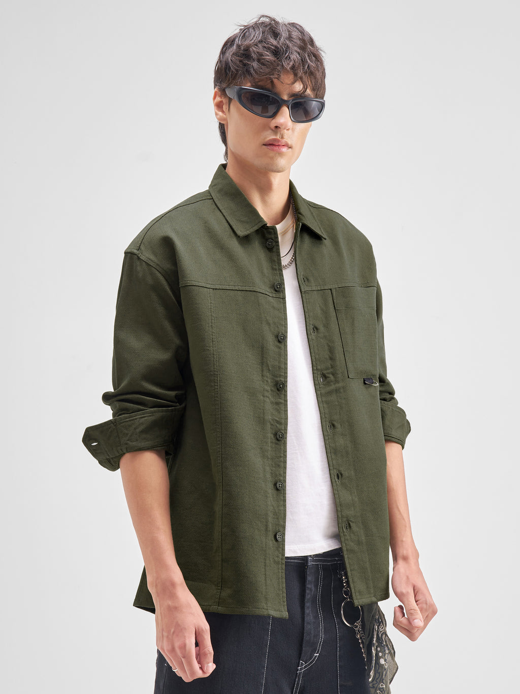 Highlander Men Olive Self Design Oversized Fit Casual Shirt - Olive - Image 6