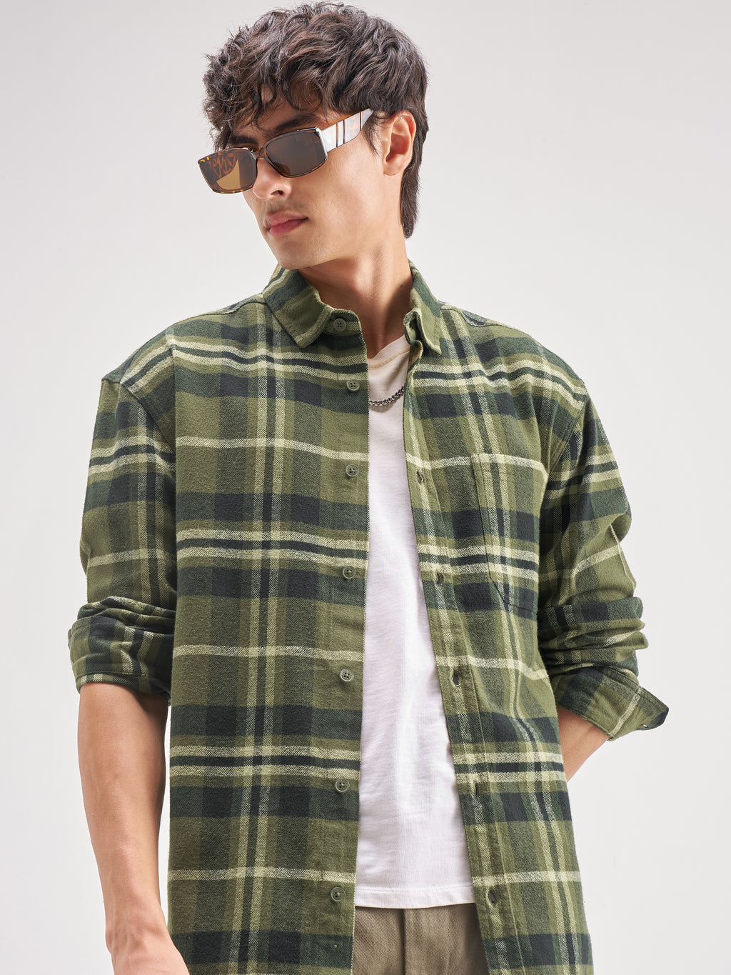 Highlander Men Olive Checked Oversized Fit Casual Shirt - Olive - Image 1