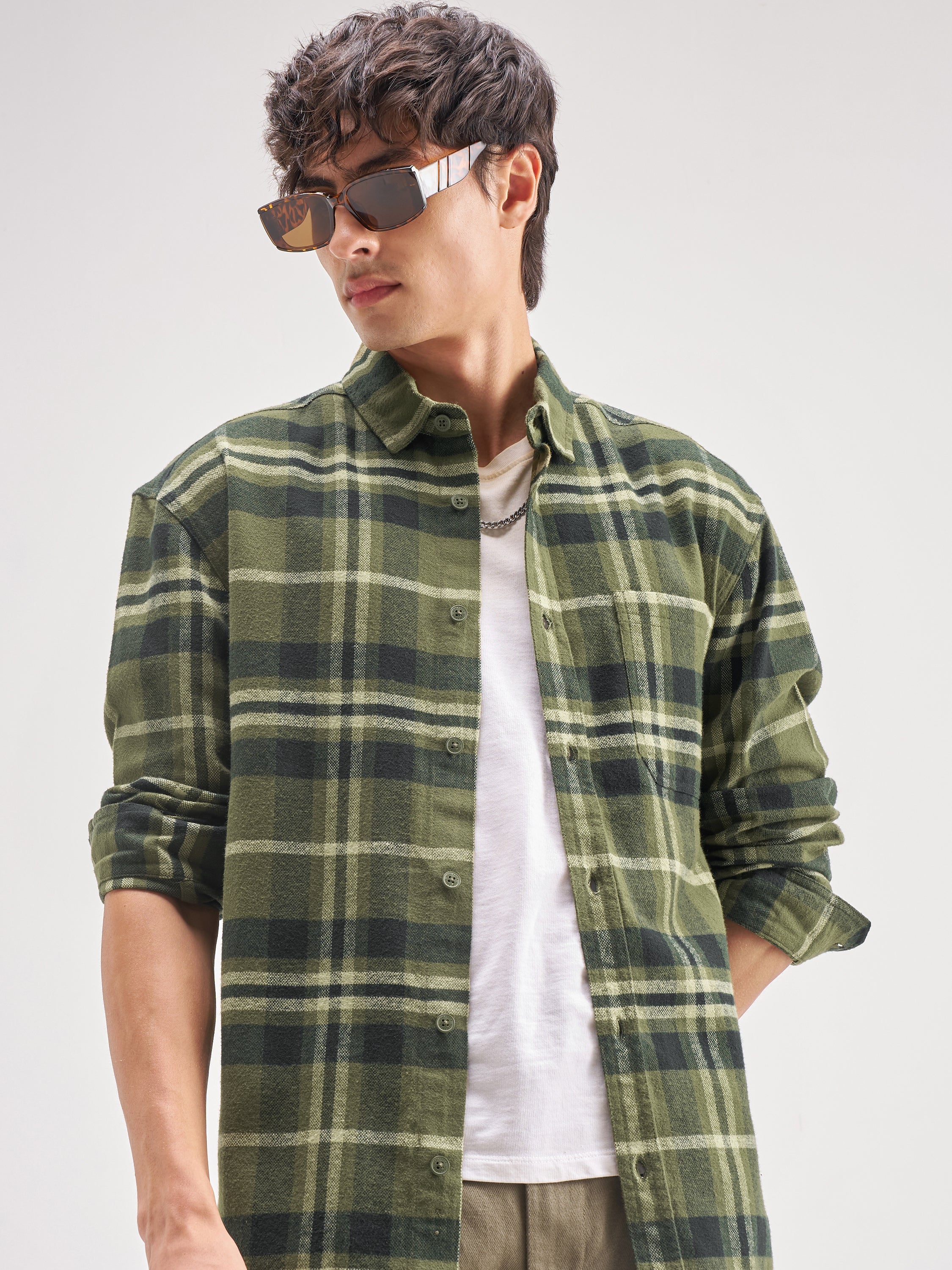 Highlander Men Olive Checked Oversized Fit Casual Shirt - Olive - Image 1