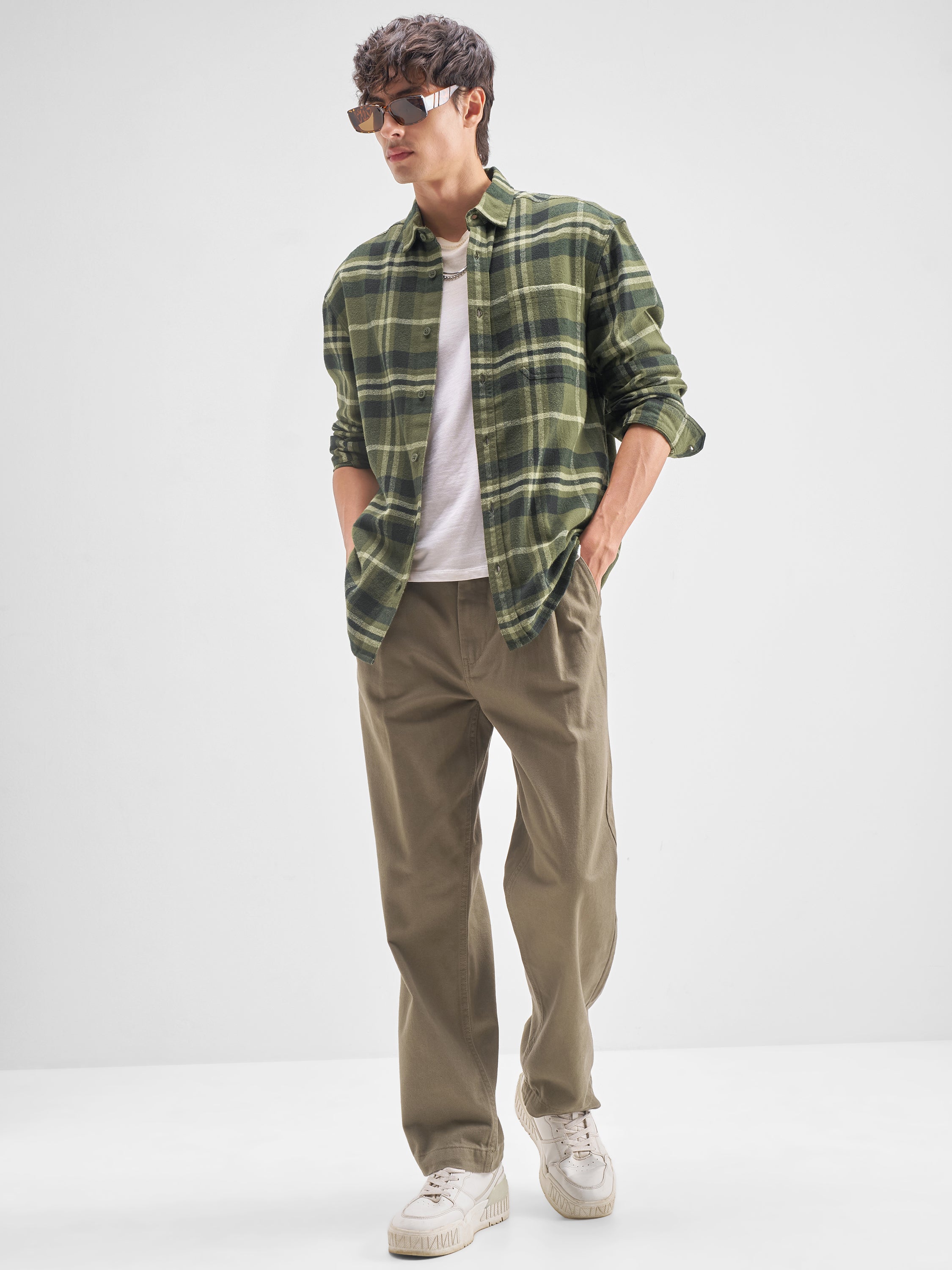 Highlander Men Olive Checked Oversized Fit Casual Shirt - Olive - Image 2