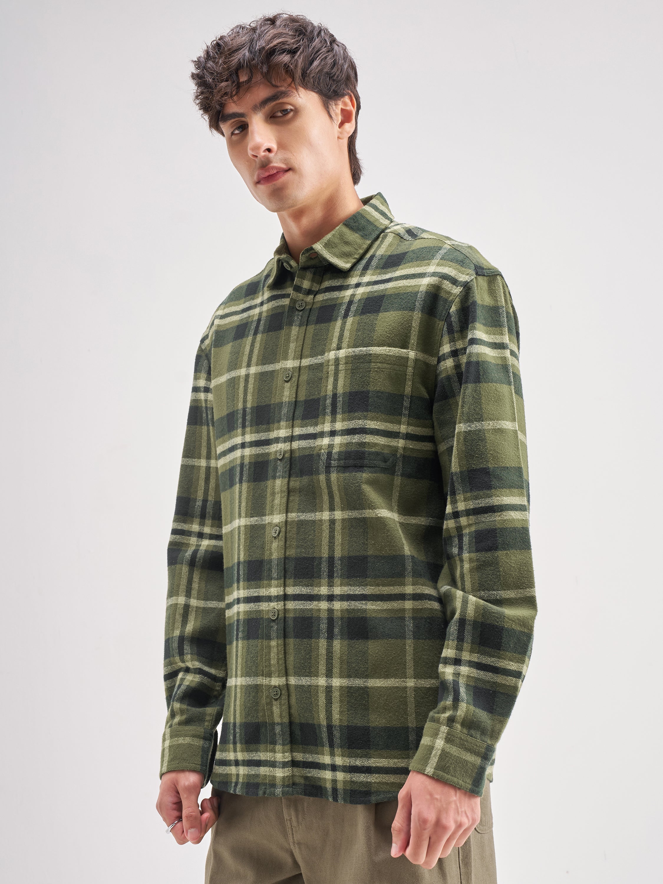 Highlander Men Olive Checked Oversized Fit Casual Shirt - Olive - Image 4