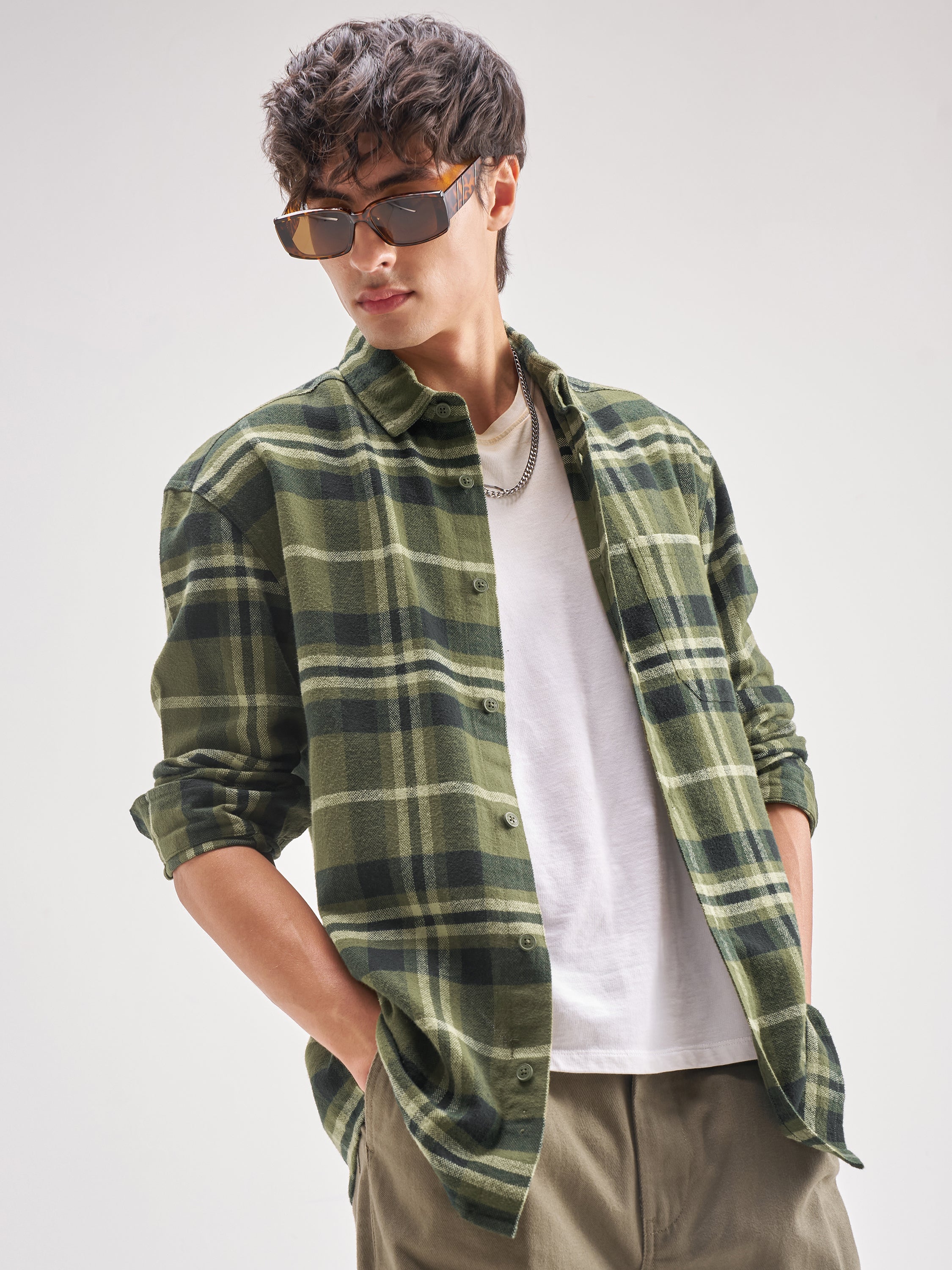 Highlander Men Olive Checked Oversized Fit Casual Shirt - Olive - Image 6