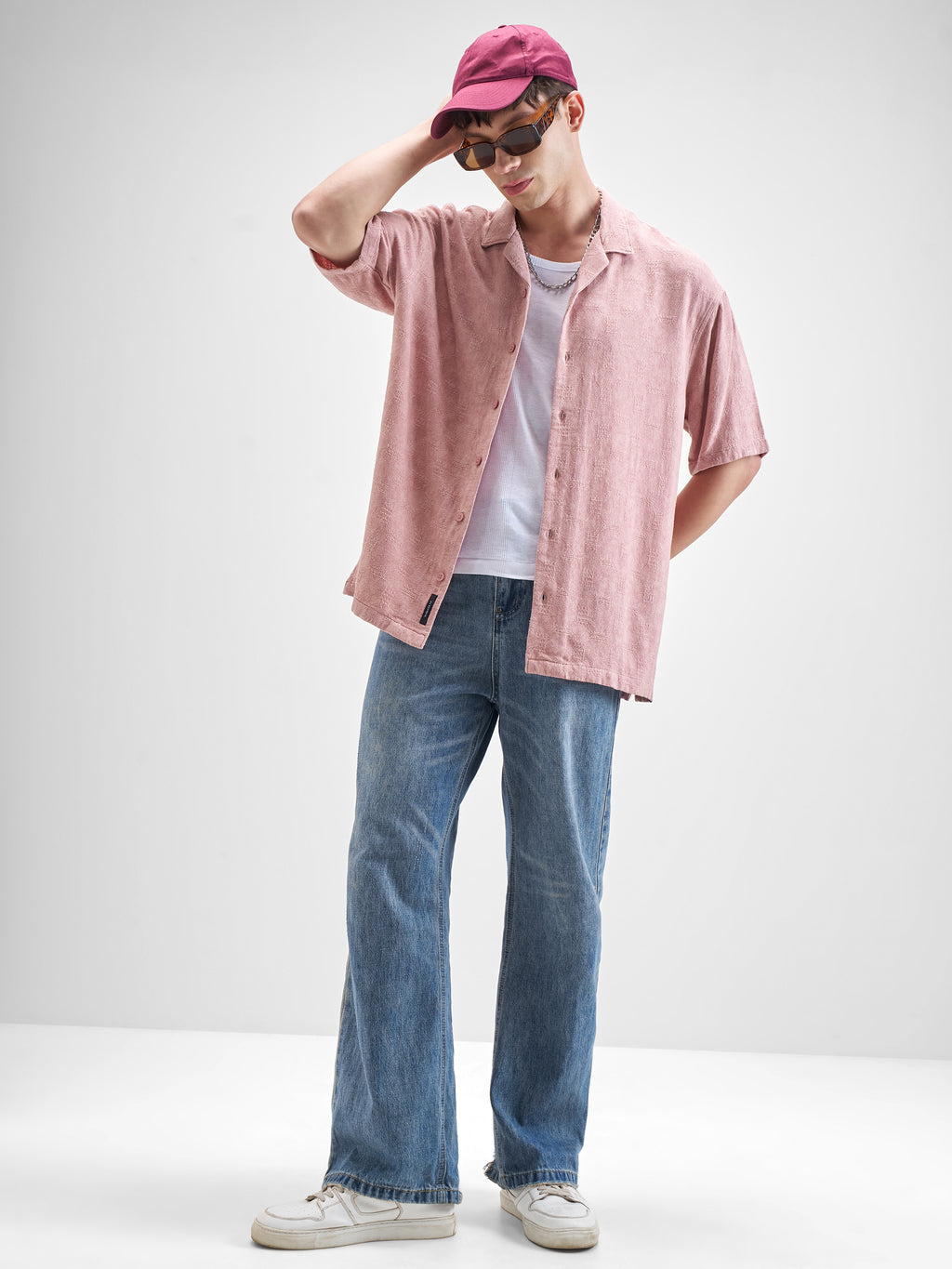Highlander Men Pink Self Design Oversized Fit Casual Shirt - Pink - Image 2