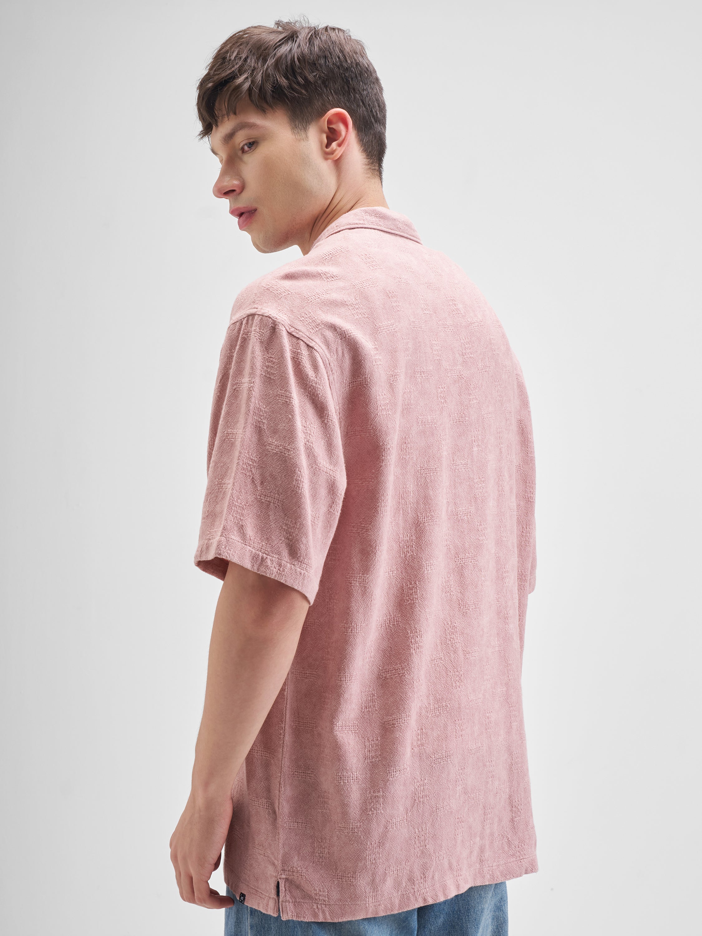 Highlander Men Pink Self Design Oversized Fit Casual Shirt - Pink - Image 3