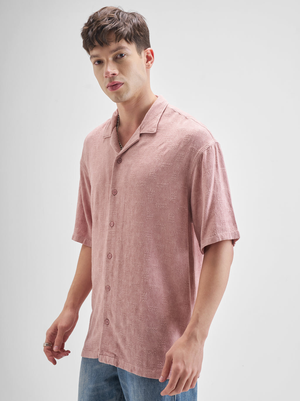 Highlander Men Pink Self Design Oversized Fit Casual Shirt - Pink - Image 4