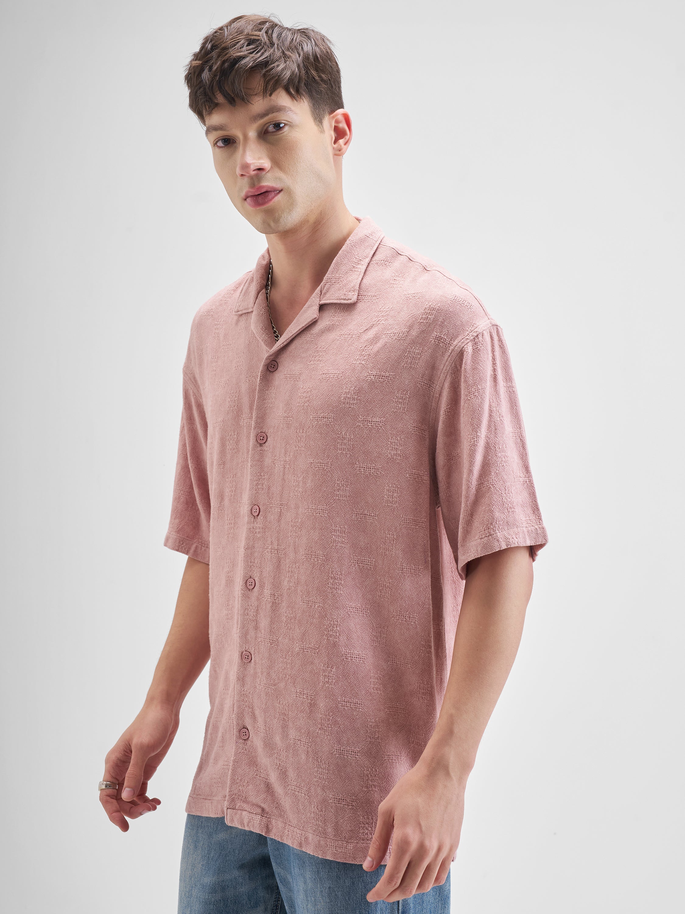 Highlander Men Pink Self Design Oversized Fit Casual Shirt - Pink - Image 4