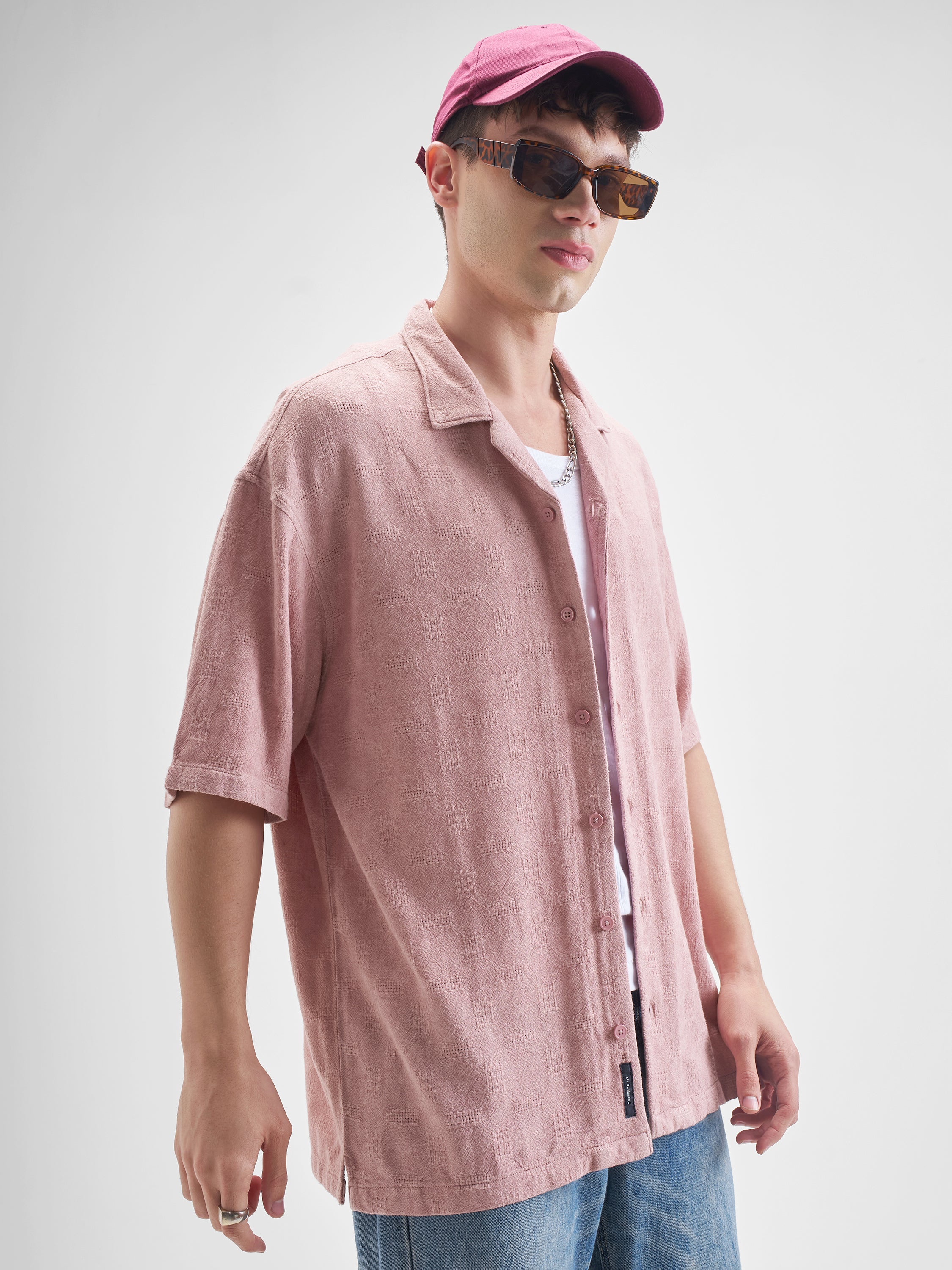 Highlander Men Pink Self Design Oversized Fit Casual Shirt - Pink - Image 6