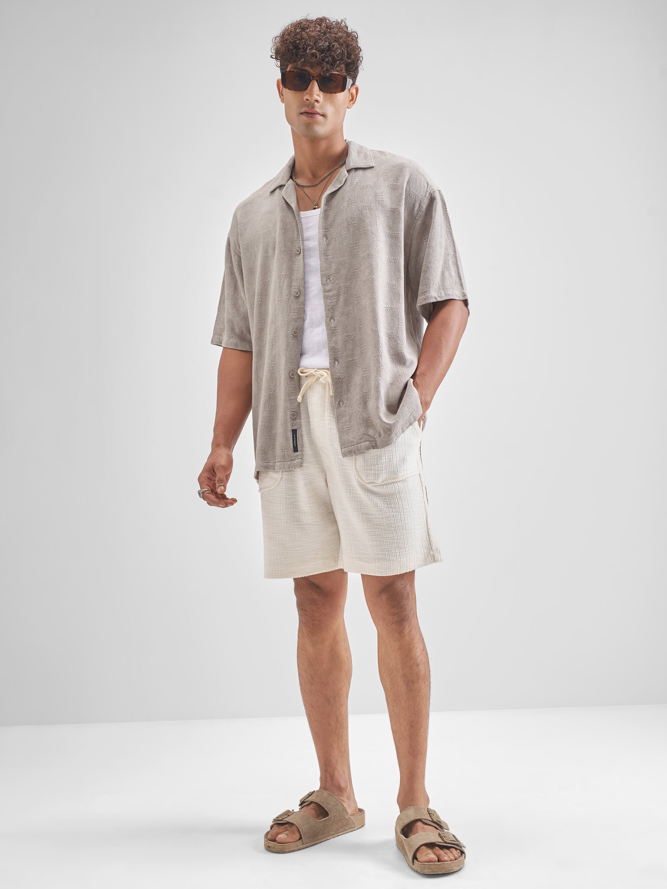 Highlander Men Beige Self Design Oversized Fit Casual Shirt - Beige - Image 2