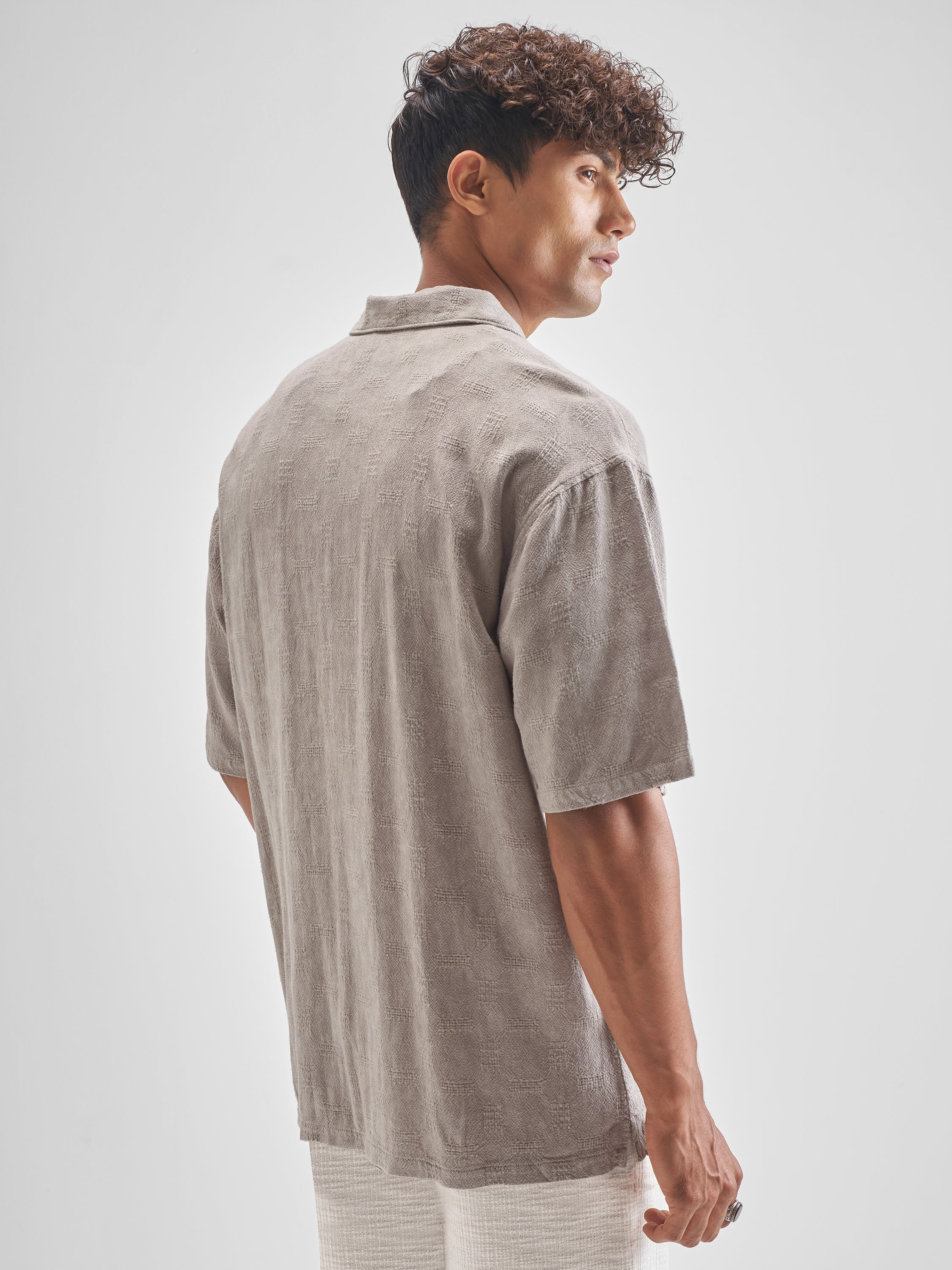 Highlander Men Beige Self Design Oversized Fit Casual Shirt - Beige - Image 3