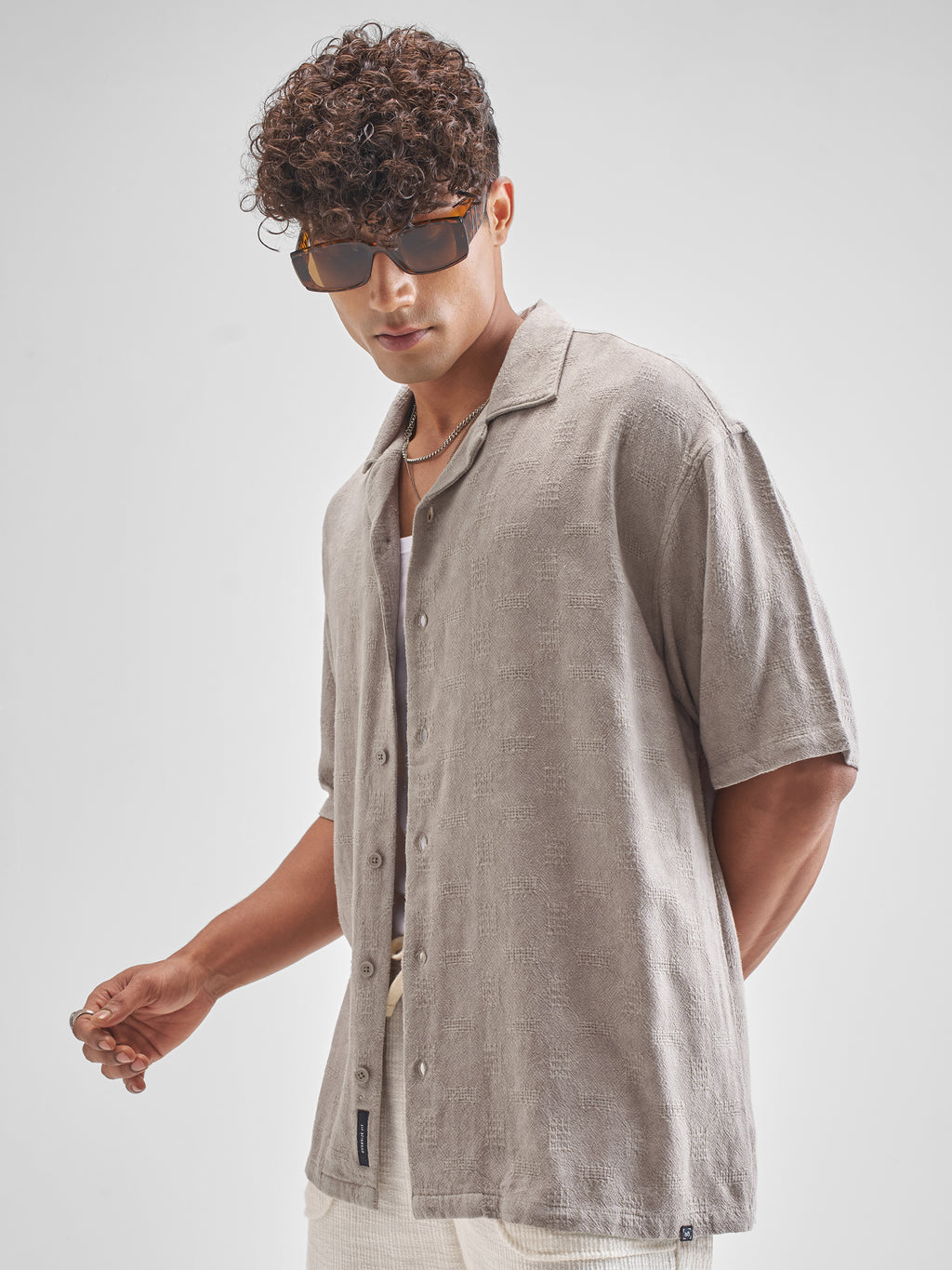 Highlander Men Beige Self Design Oversized Fit Casual Shirt - Beige - Image 4