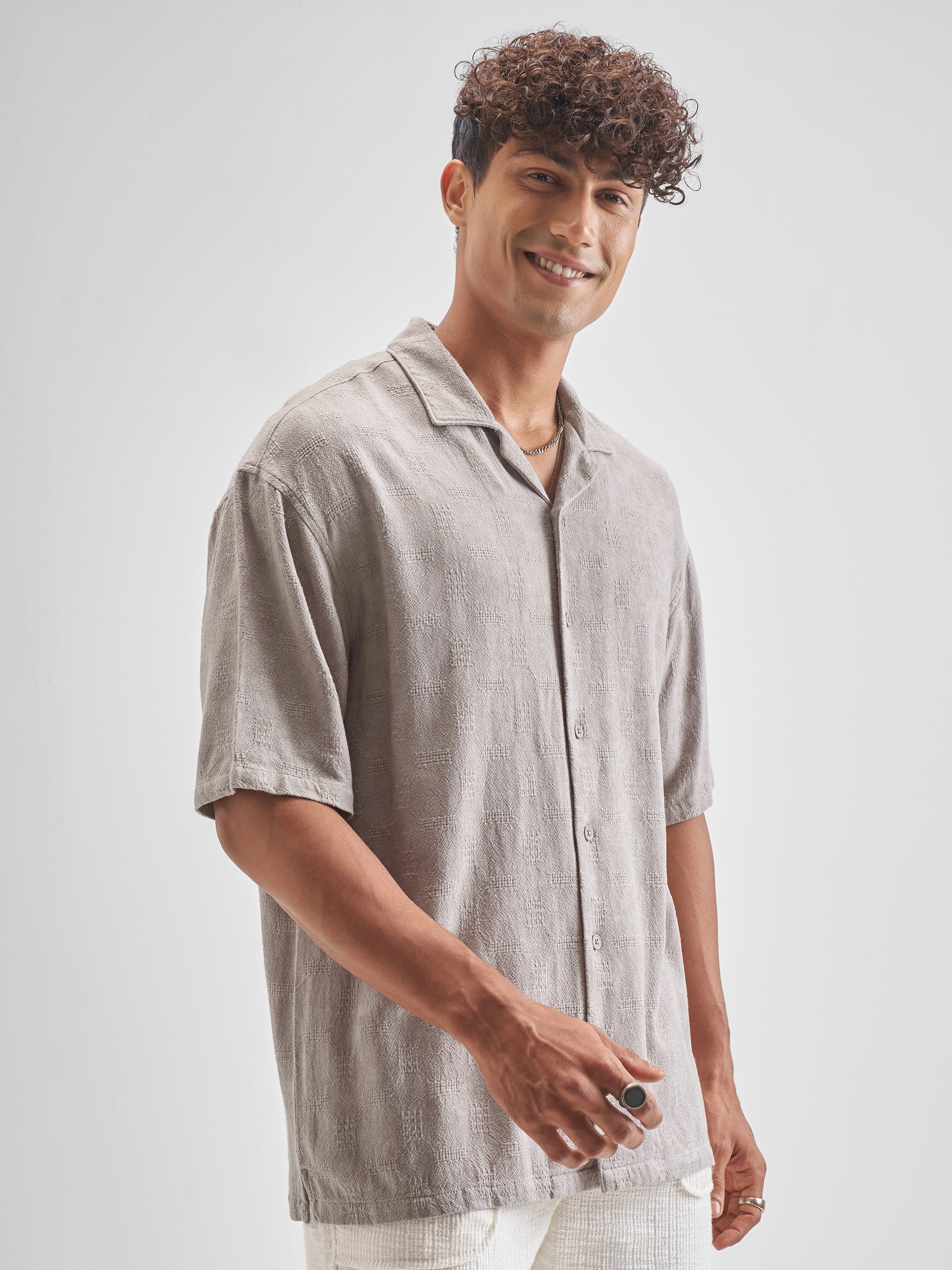 Highlander Men Beige Self Design Oversized Fit Casual Shirt - Beige - Image 6