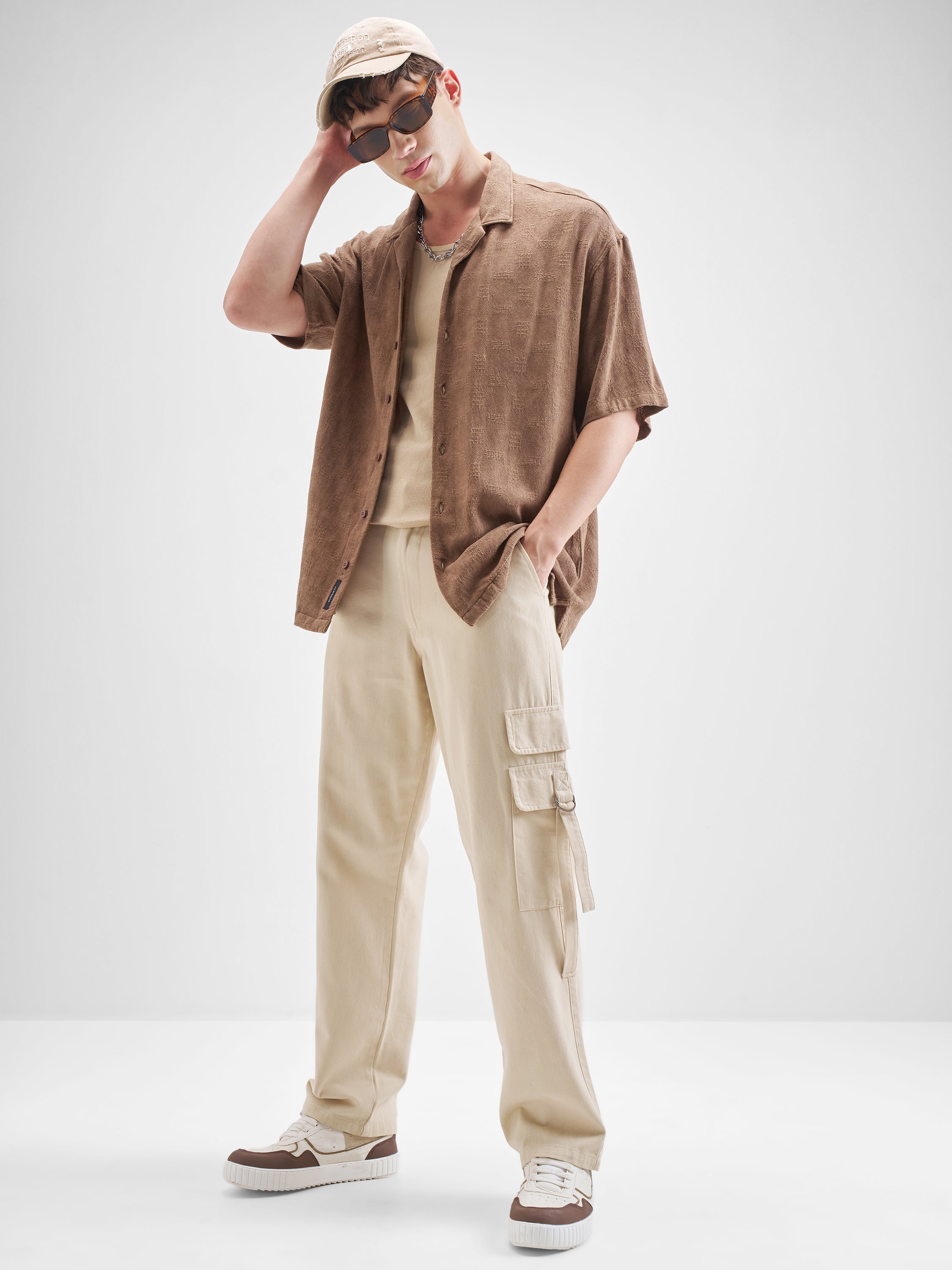 Highlander Men Brown Self Design Oversized Fit Casual Shirt - Brown - Image 2