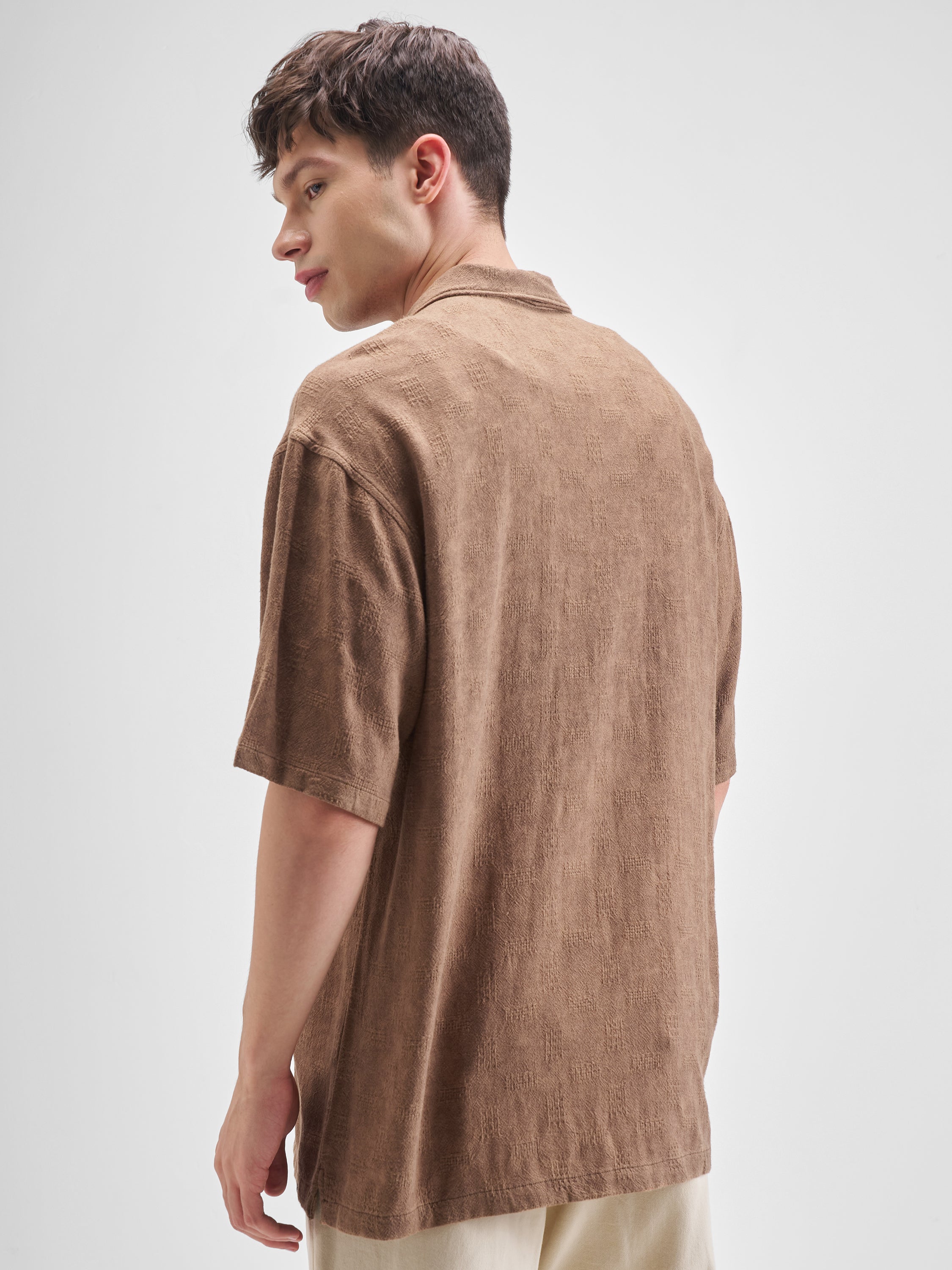 Highlander Men Brown Self Design Oversized Fit Casual Shirt - Brown - Image 3