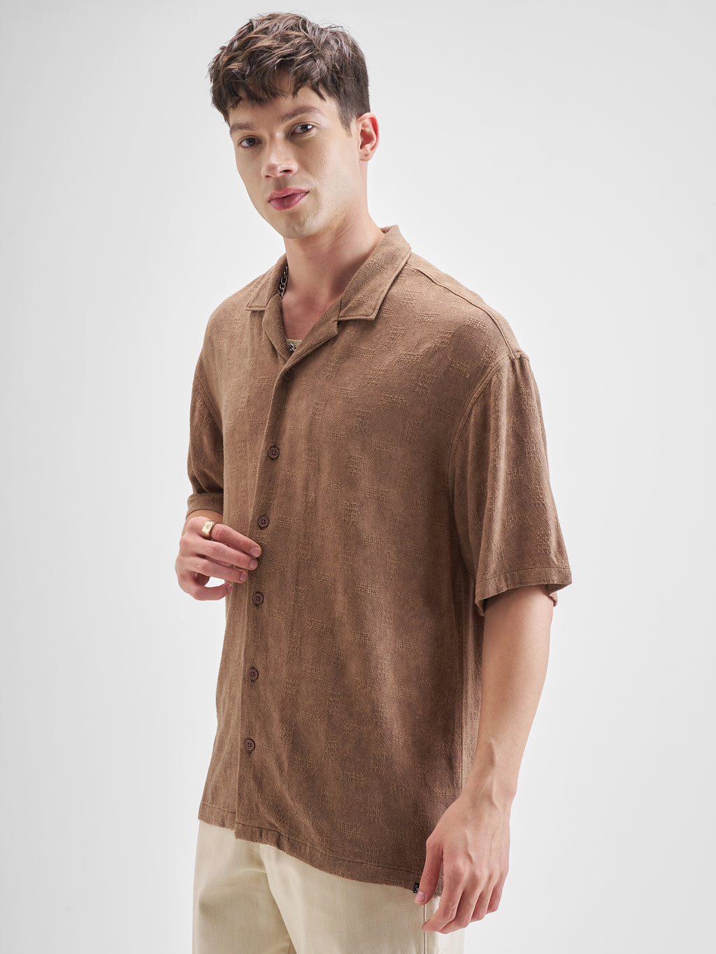 Highlander Men Brown Self Design Oversized Fit Casual Shirt - Brown - Image 4