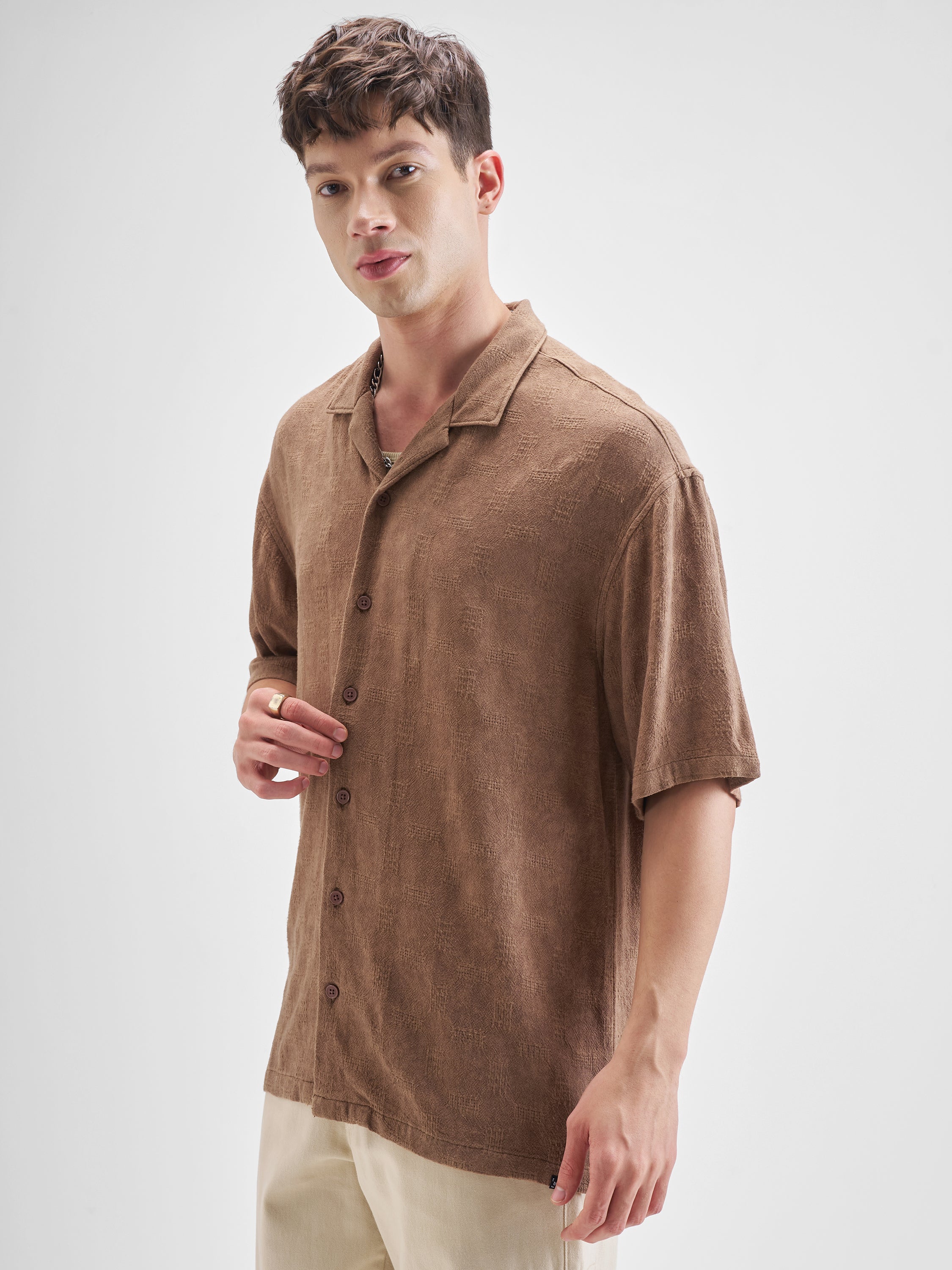 Highlander Men Brown Self Design Oversized Fit Casual Shirt - Brown - Image 4