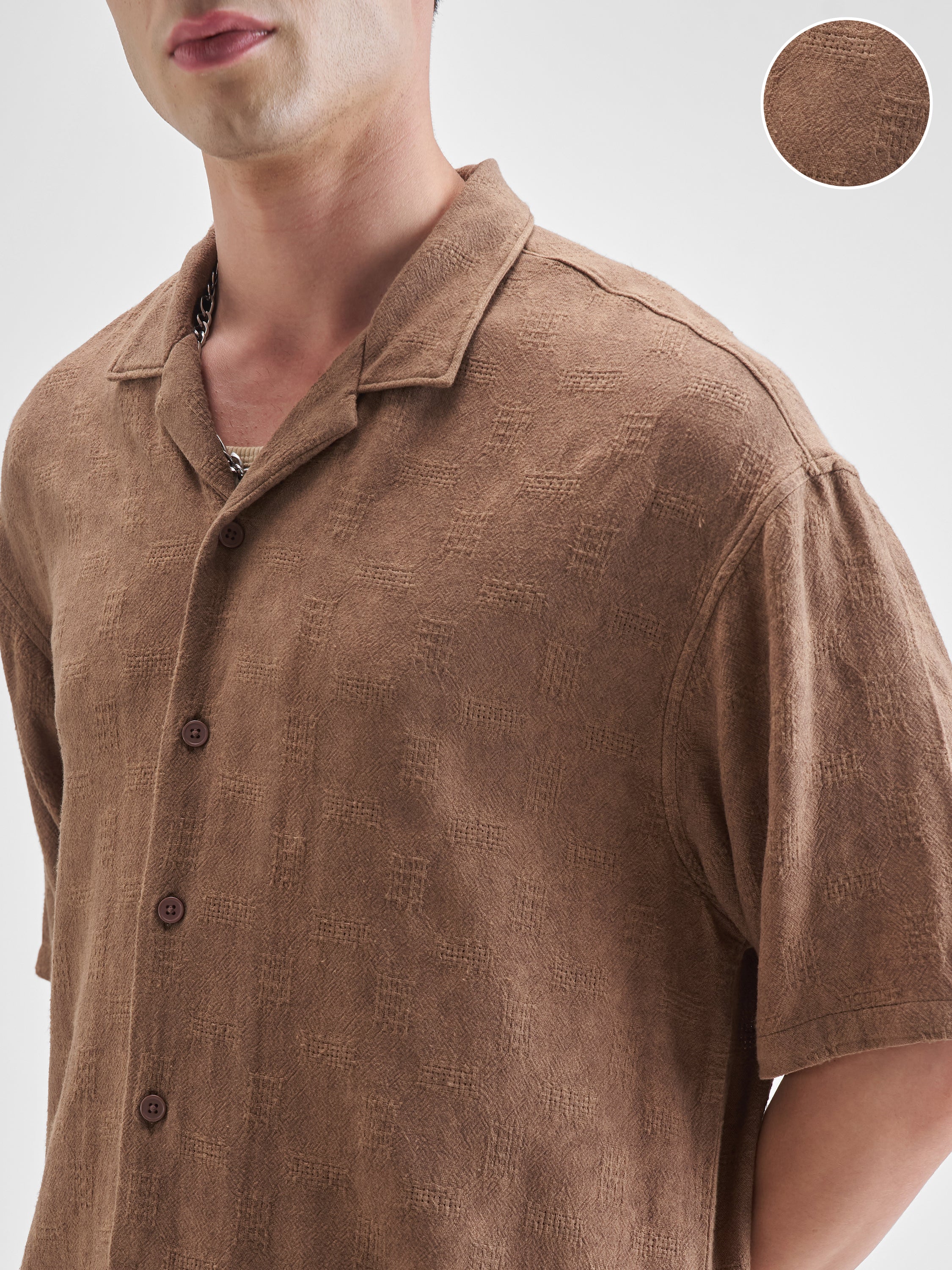 Highlander Men Brown Self Design Oversized Fit Casual Shirt - Brown - Image 5