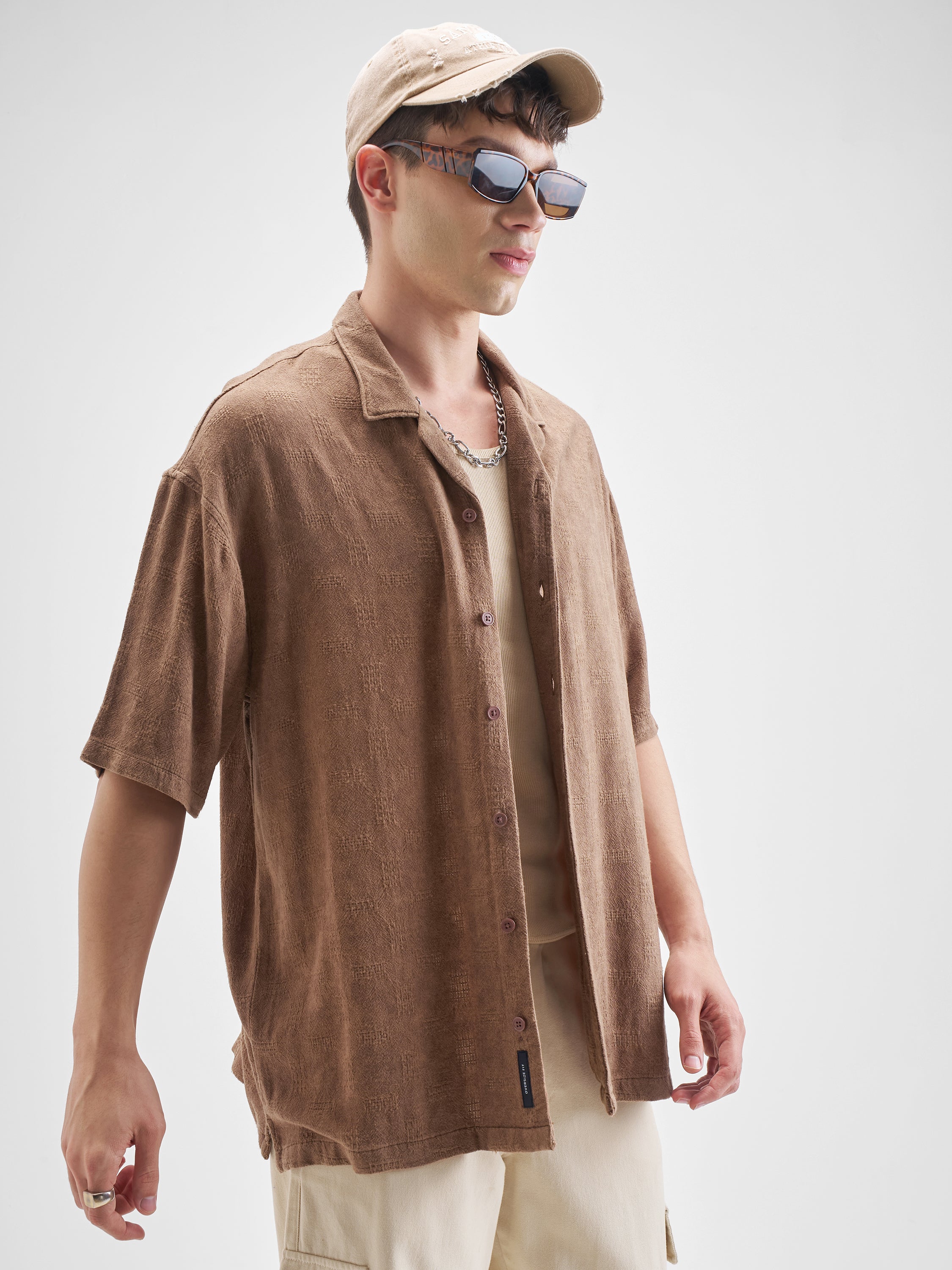 Highlander Men Brown Self Design Oversized Fit Casual Shirt - Brown - Image 6