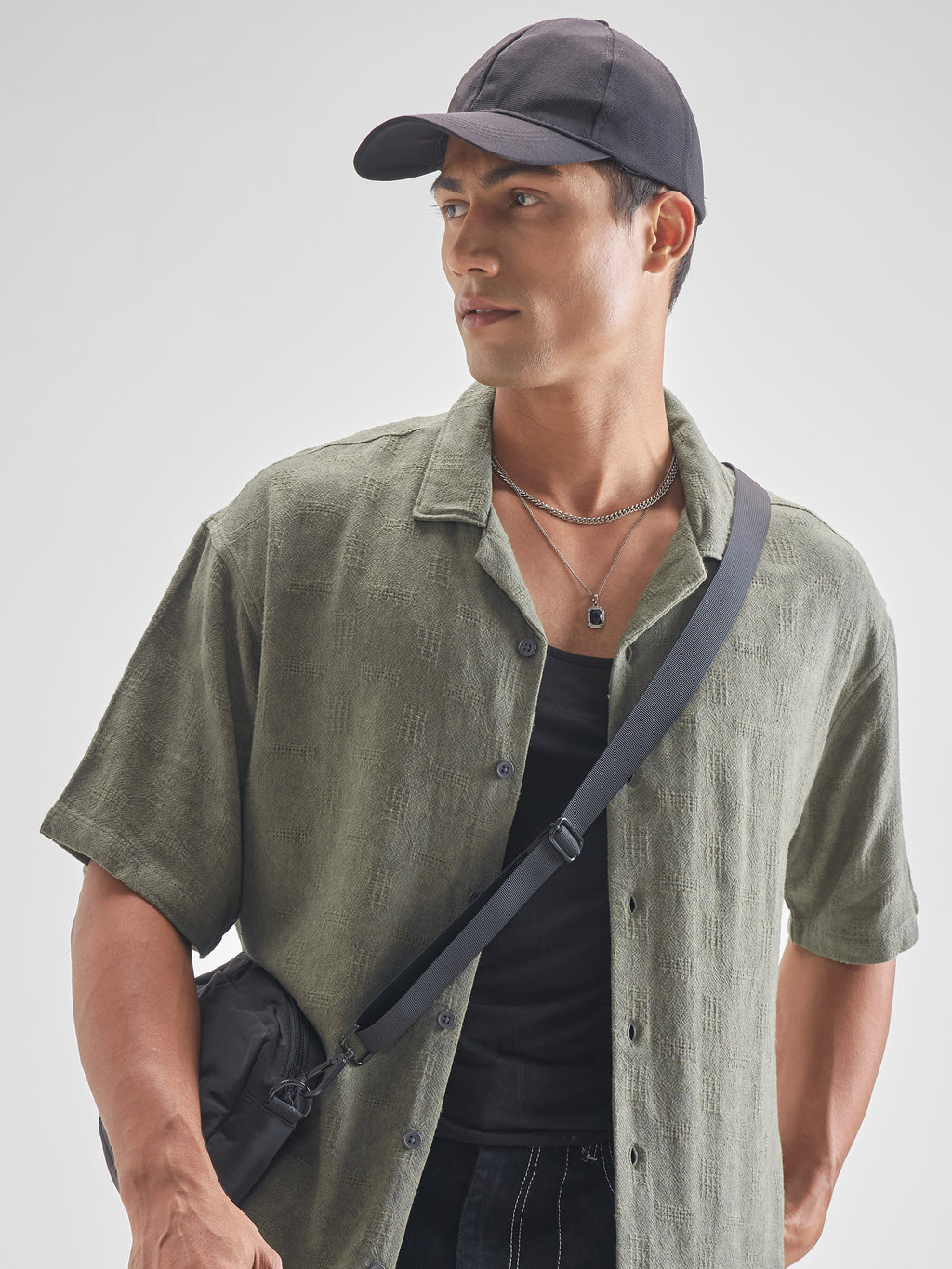 Highlander Men Olive Self Design Oversized Fit Casual Shirt - Olive - Image 1