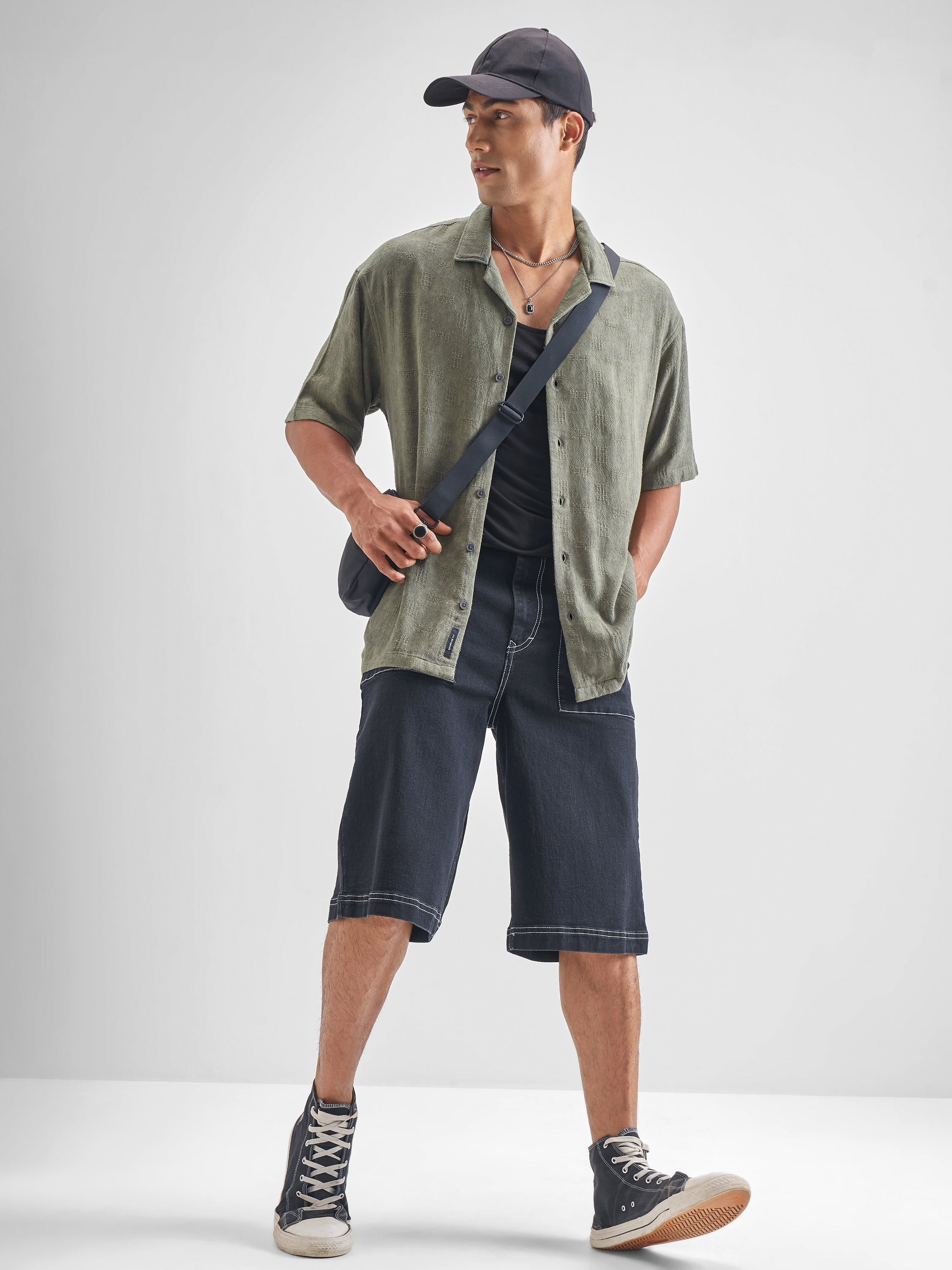 Highlander Men Olive Self Design Oversized Fit Casual Shirt - Olive - Image 2