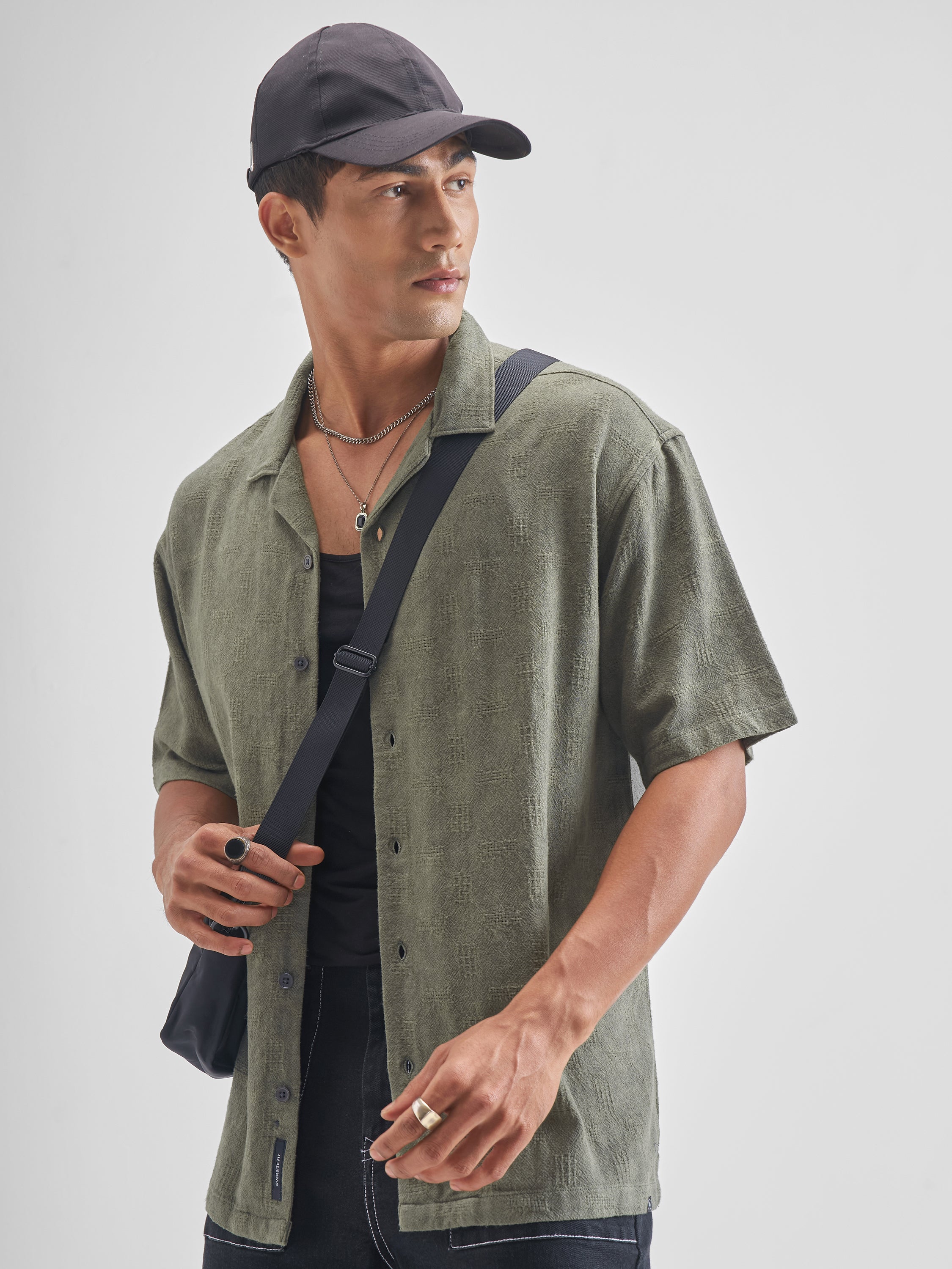 Highlander Men Olive Self Design Oversized Fit Casual Shirt - Olive - Image 4