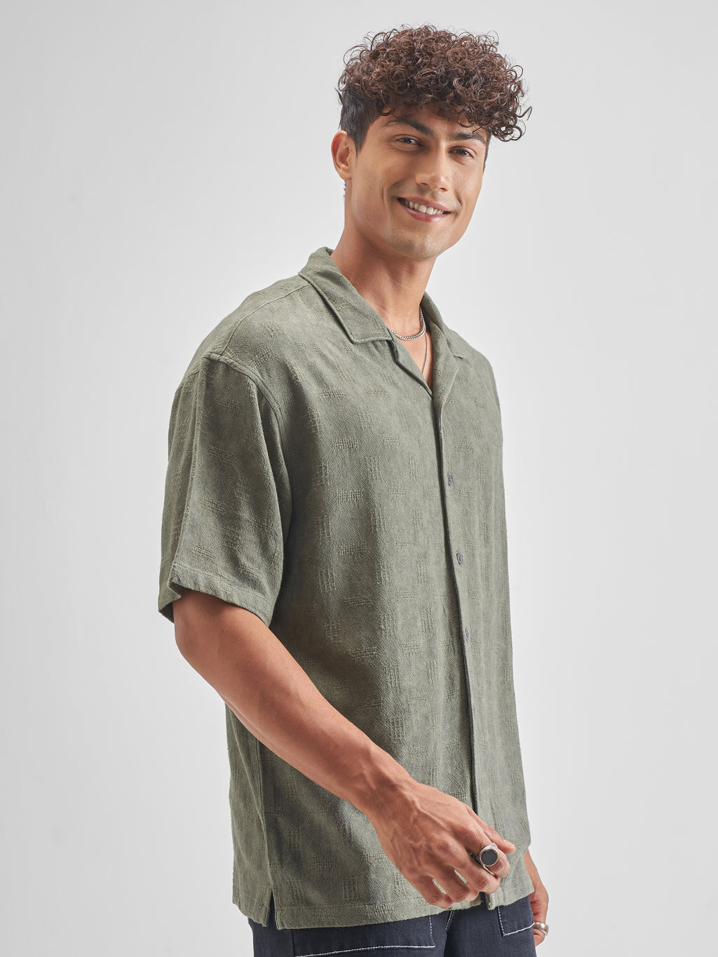 Highlander Men Olive Self Design Oversized Fit Casual Shirt - Olive - Image 6