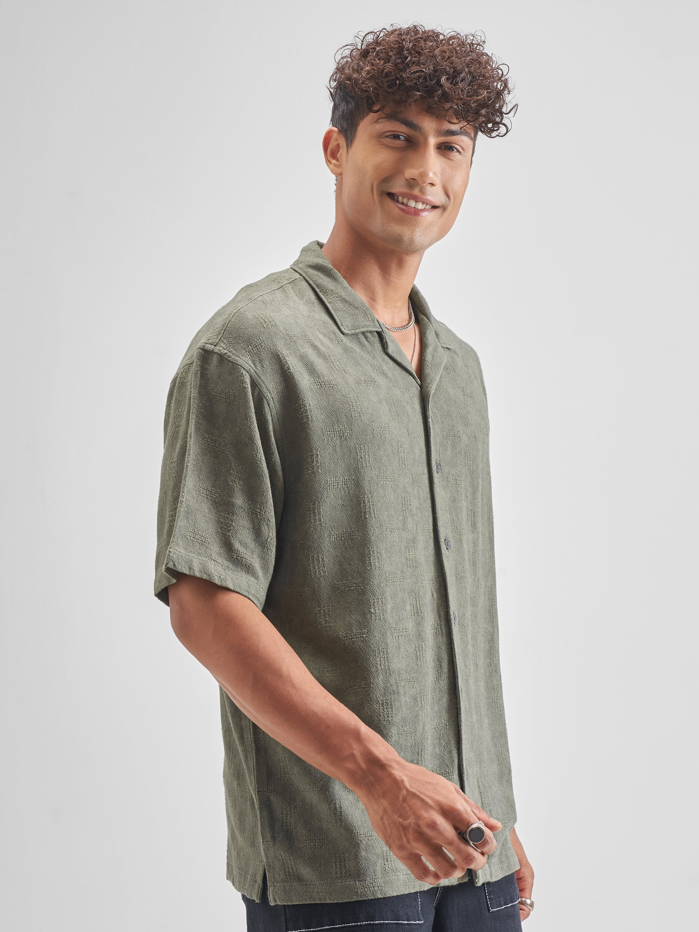 Highlander Men Olive Self Design Oversized Fit Casual Shirt - Olive - Image 6