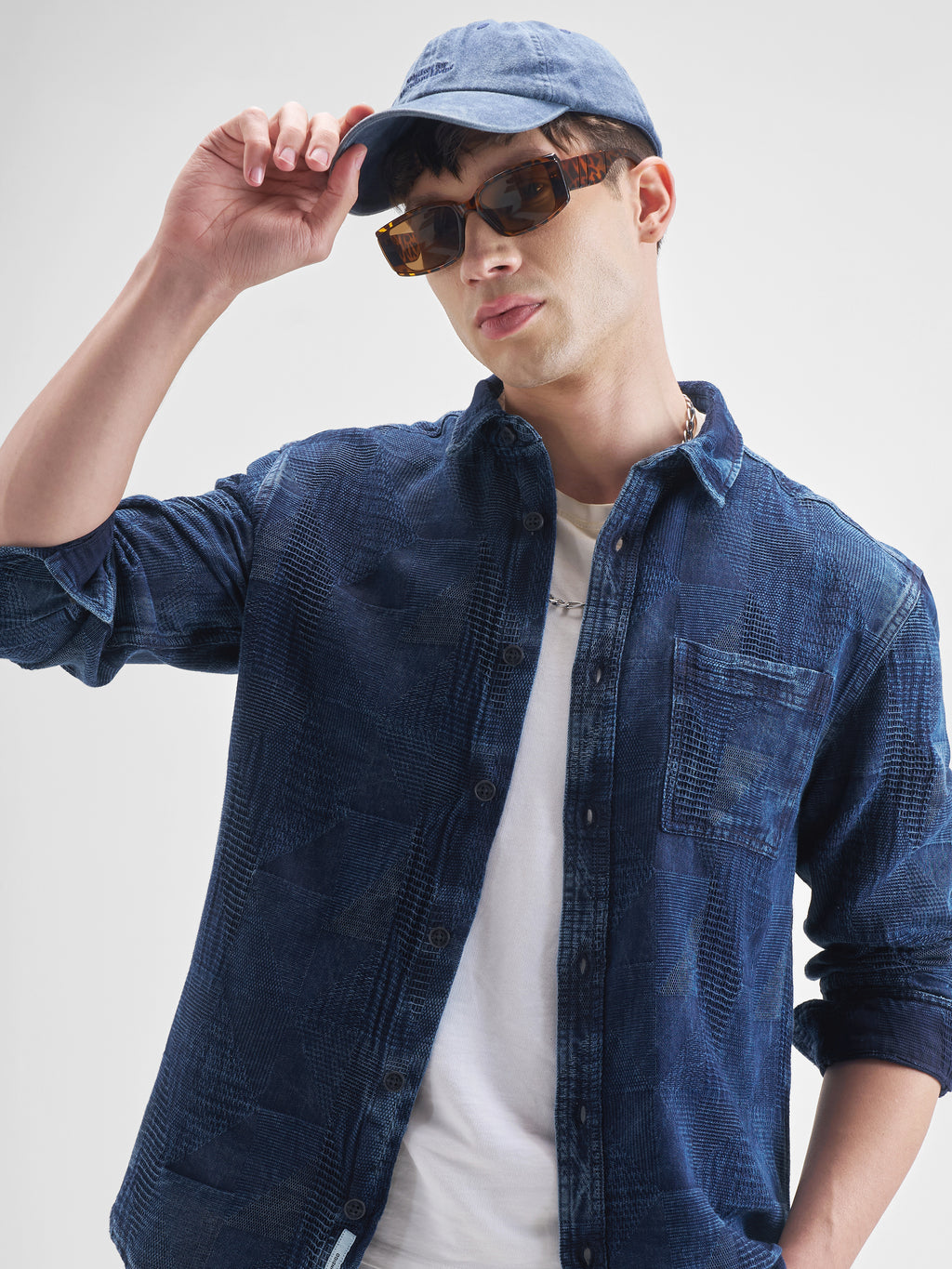 Highlander Men Navy Blue Self Design Oversized Fit Casual Shirt - Navy Blue - Image 1