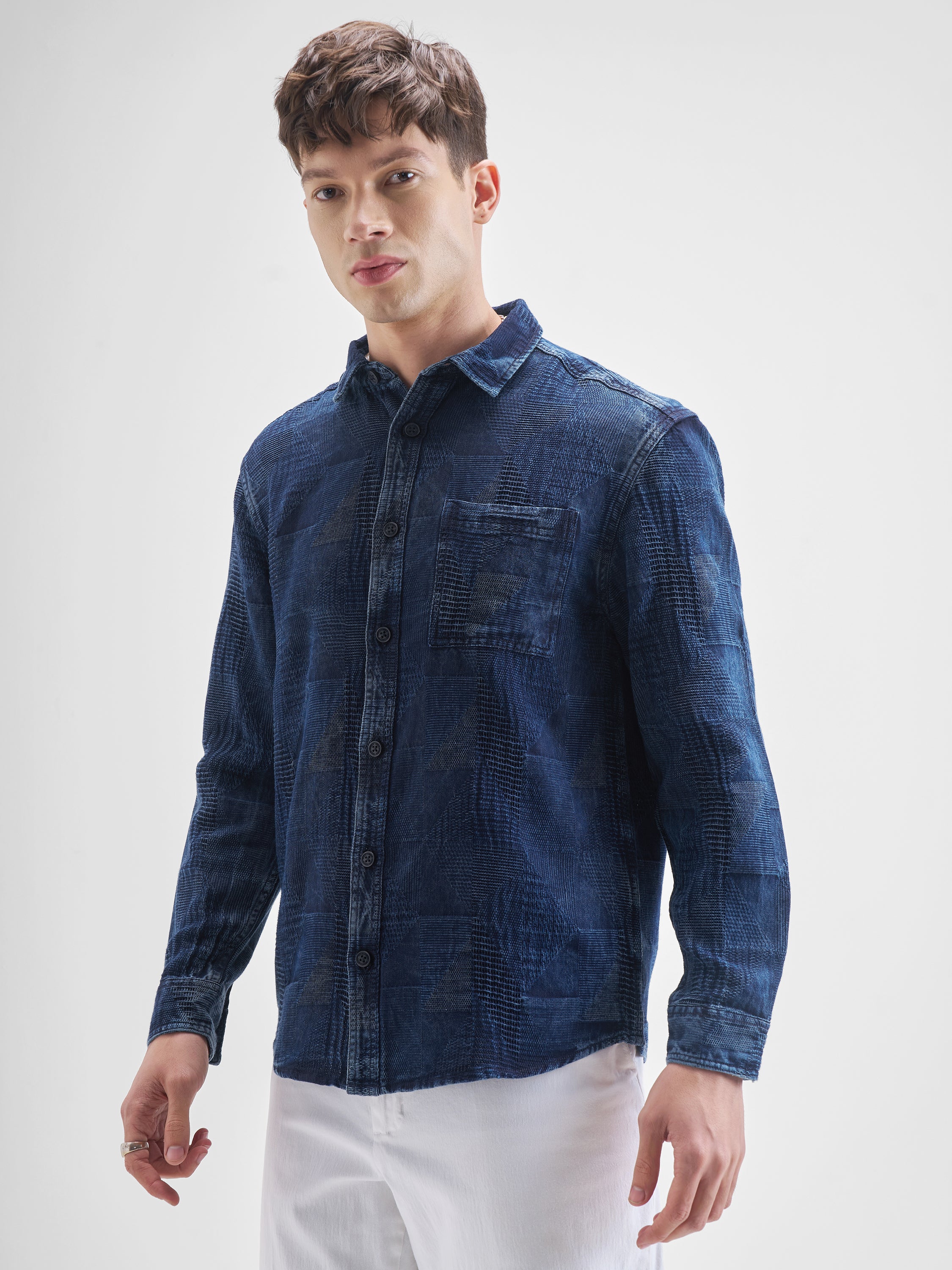 Highlander Men Navy Blue Self Design Oversized Fit Casual Shirt - Navy Blue - Image 4