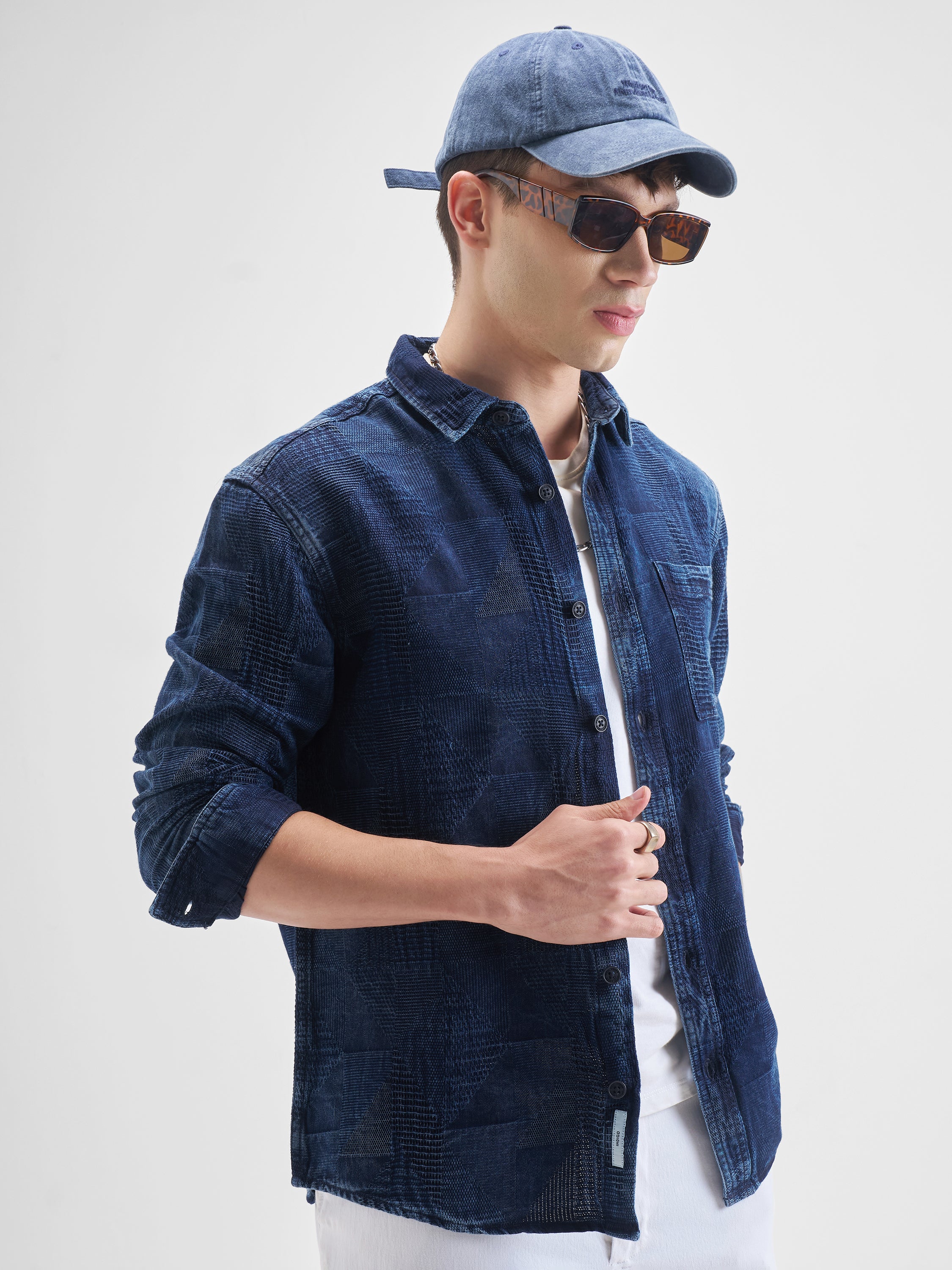Highlander Men Navy Blue Self Design Oversized Fit Casual Shirt - Navy Blue - Image 6