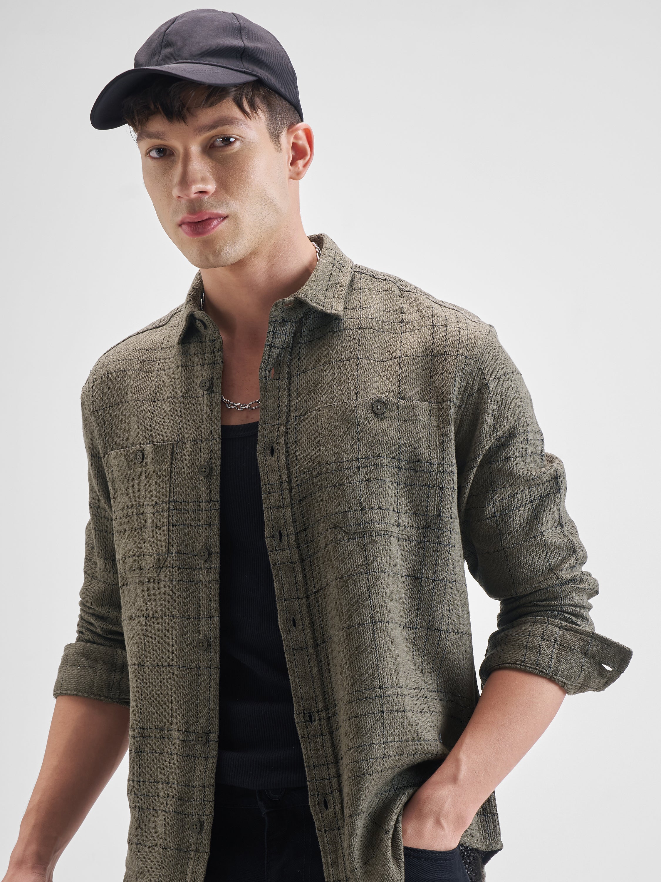 Highlander Men Olive Checked Oversized Fit Casual Shirt - Olive - Image 1
