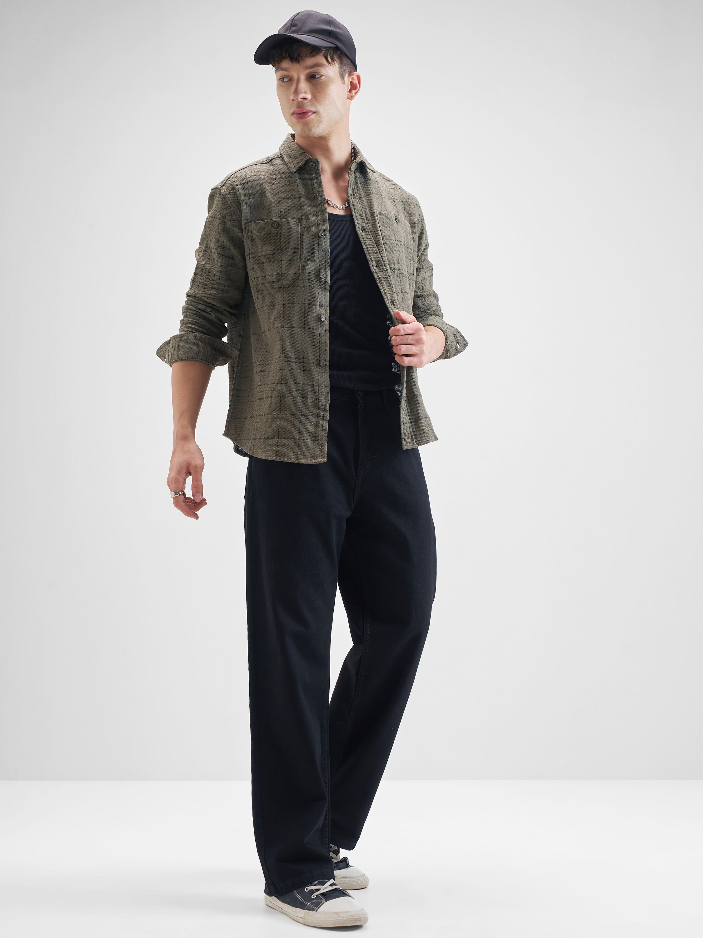 Highlander Men Olive Checked Oversized Fit Casual Shirt - Olive - Image 2